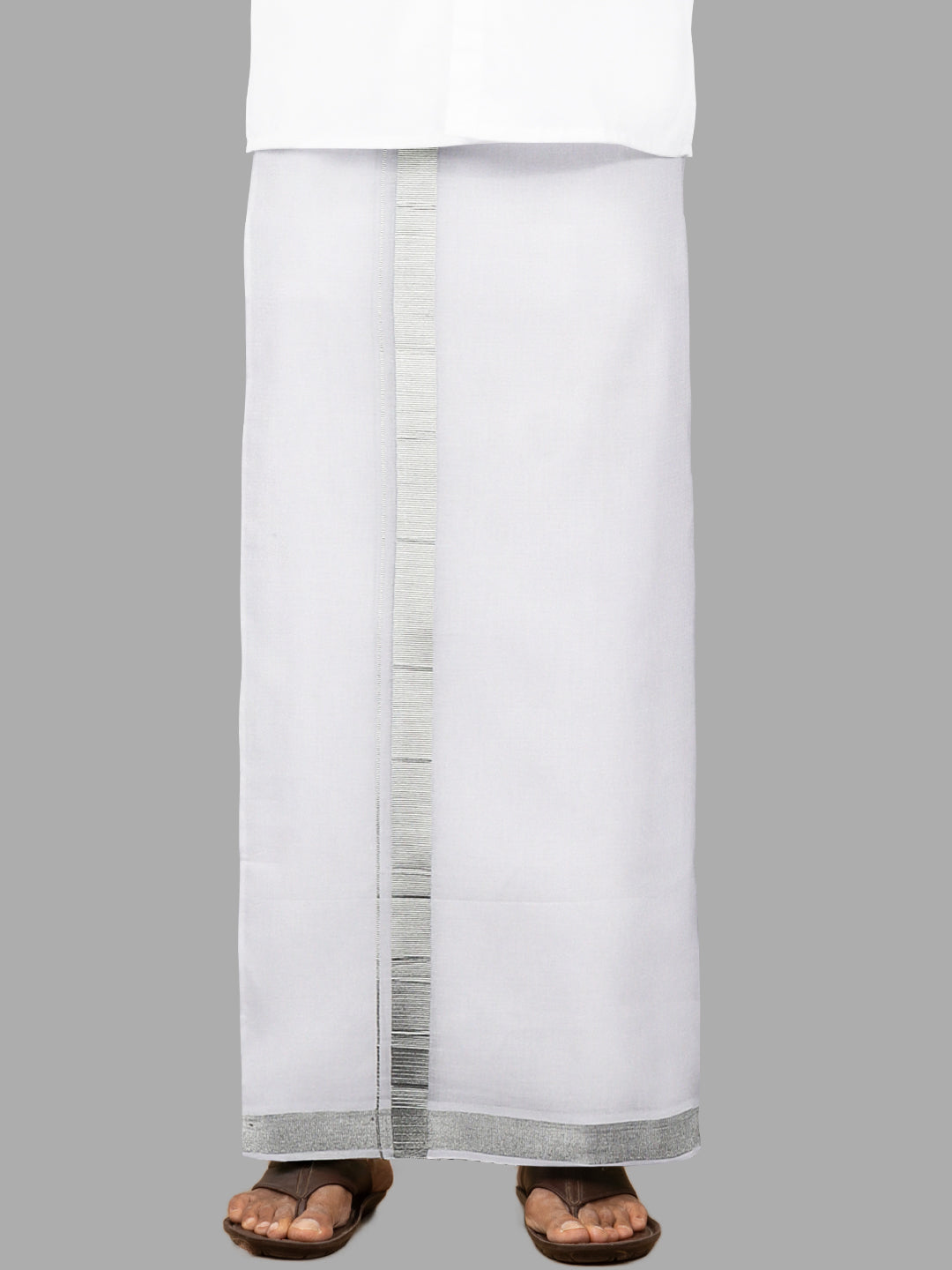 Men Cotton Blend Double Layer White Dhoti with Silver Jari Border