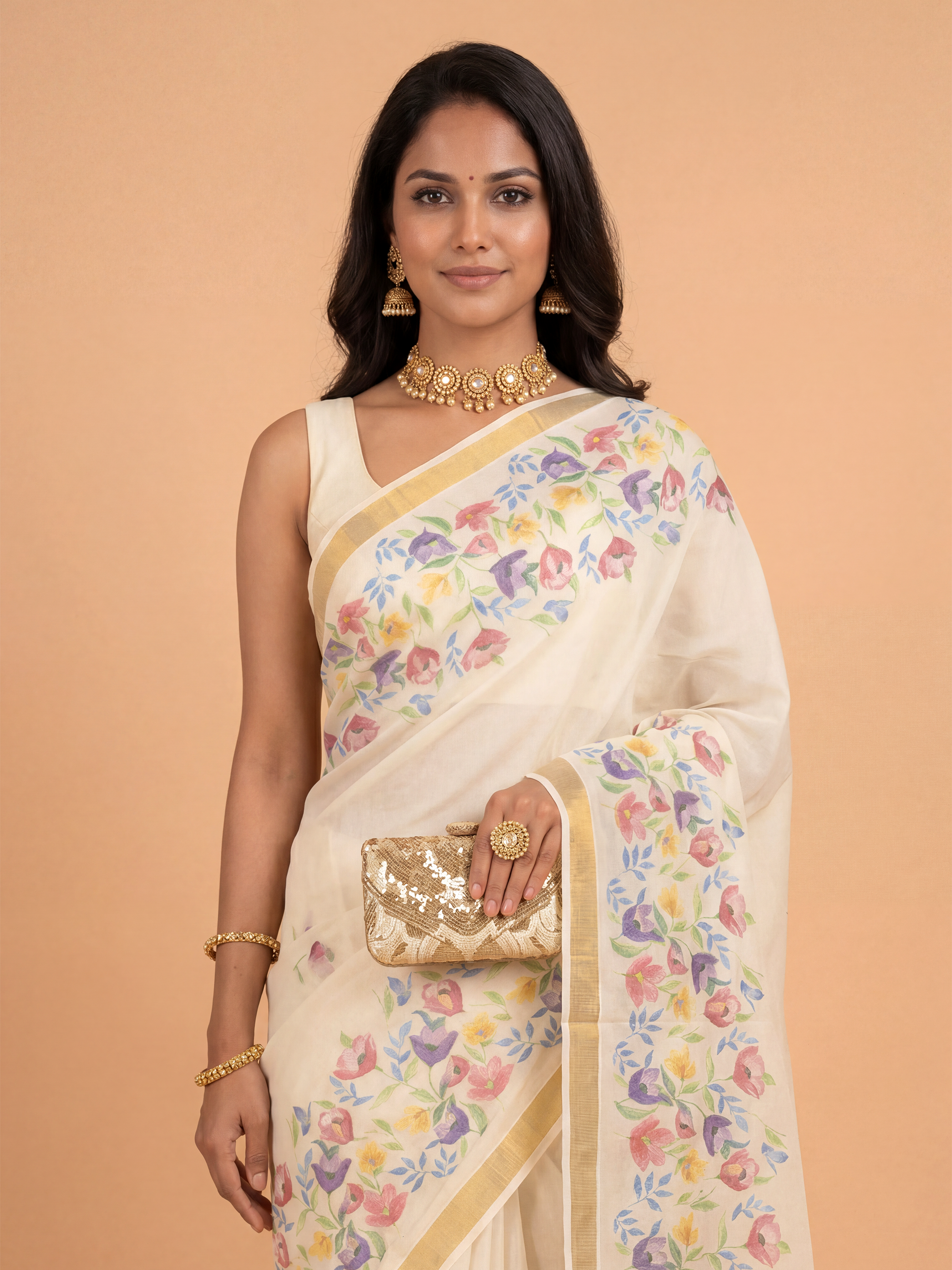 Women Kora Cotton Cream Printed Kerala Saree KLS13