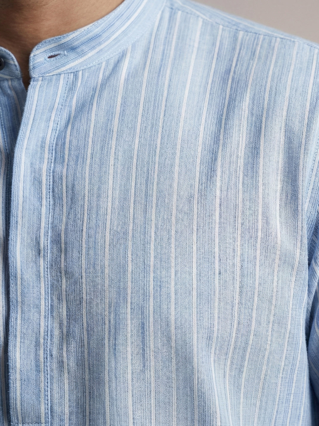 Men Cotton Medium Length Striped Pocket Kurta Light Blue RN53