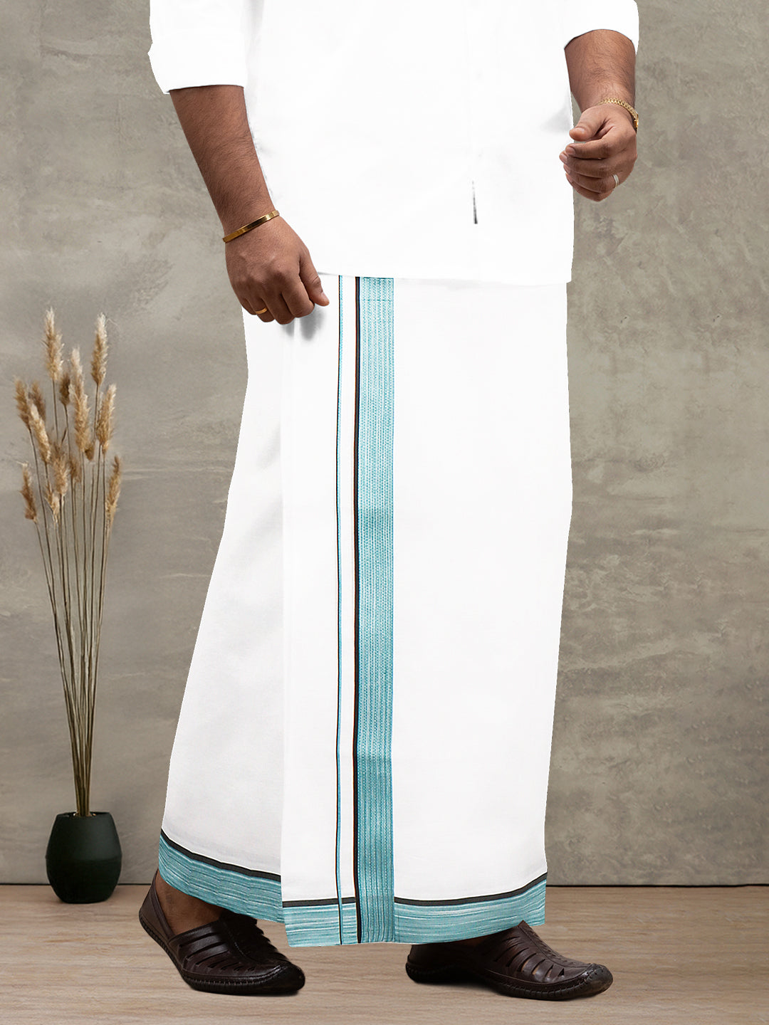 Men 100% Cotton Double Layer White Dhoti with Fancy Border PMF8