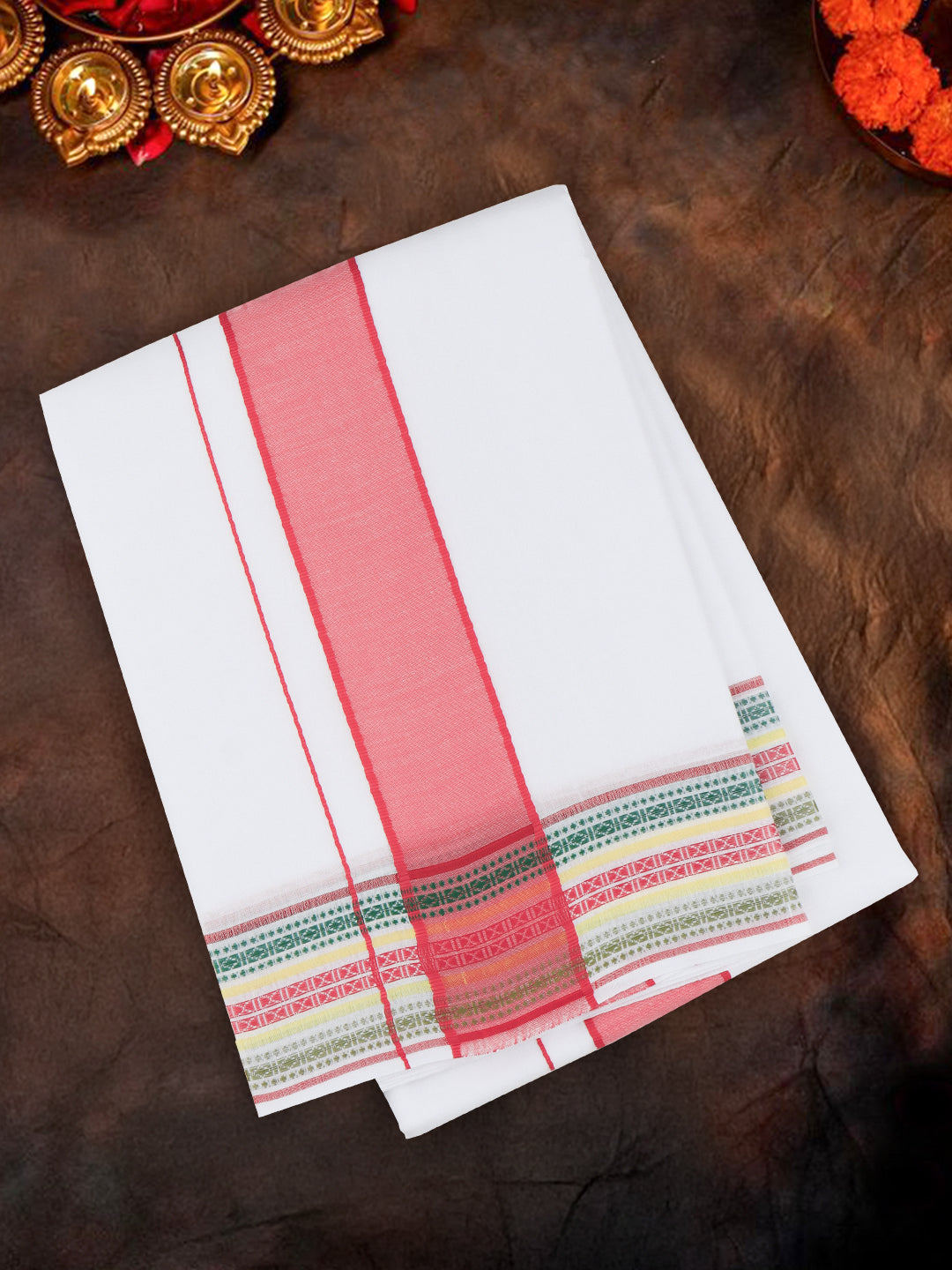 Men Cotton Pink Fancy Border Panchakacham with Angavasthram Srirasthu(9+5) SR55