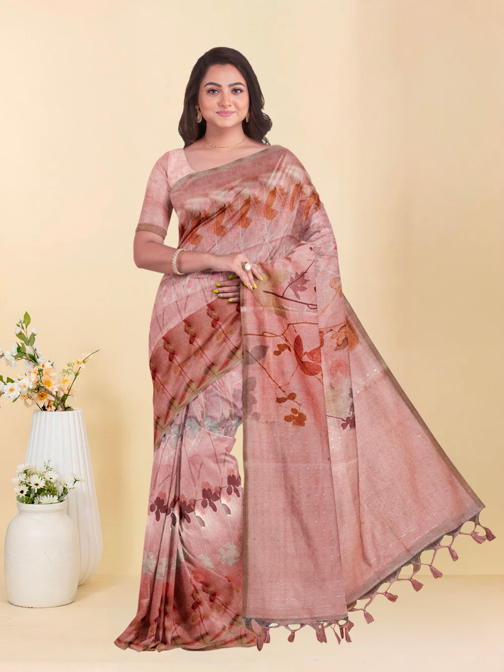 Women Peach Semi Tussar Saree ST277