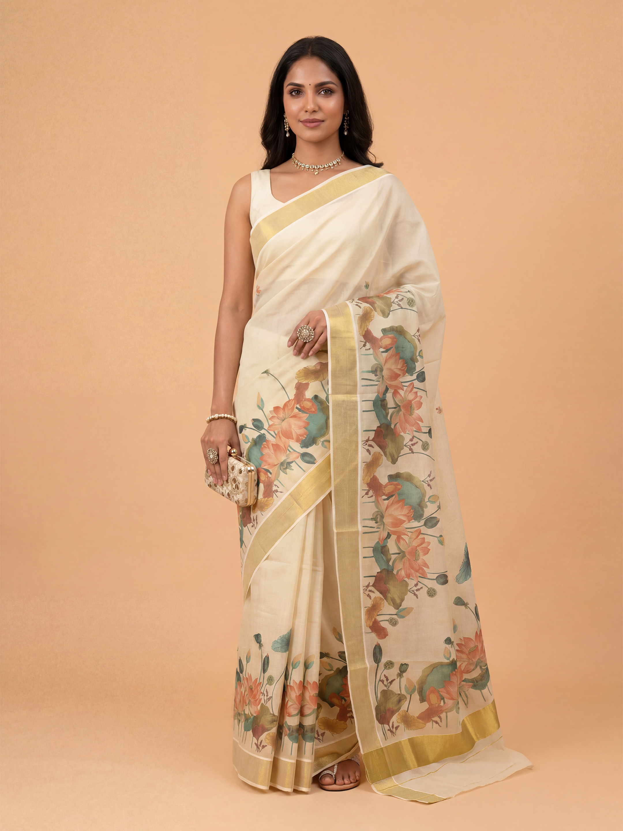 Women Tissue Cream Floral Printed Kerala Saree KLS14