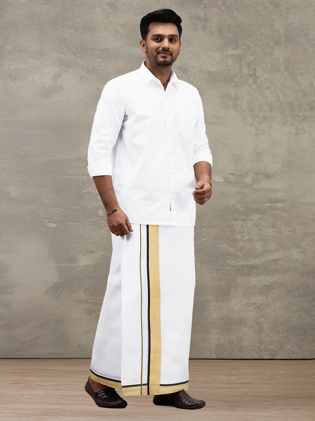 Men 100% Cotton Double Layer White Dhoti with Fancy Border PMF10