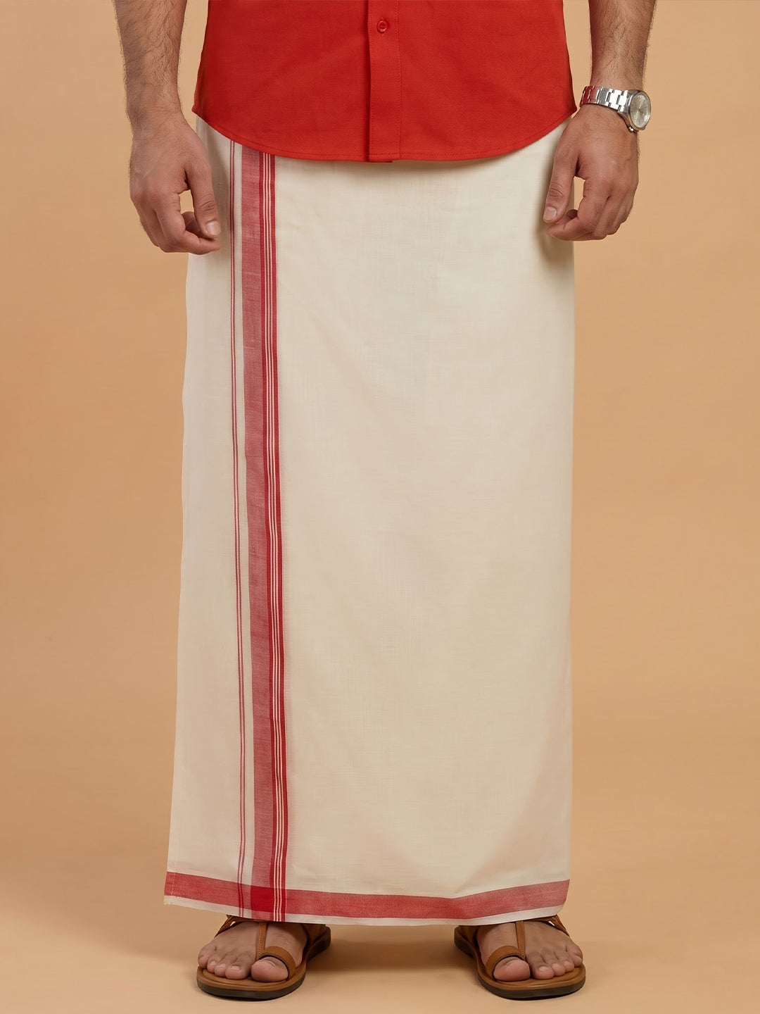 Double Layer 100% Cotton Cream Kora Dhoti with Colour Border - CFD01