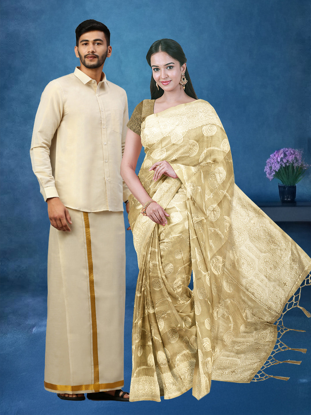Couple Combo Shirt & Dhoti Set with Saree Gold