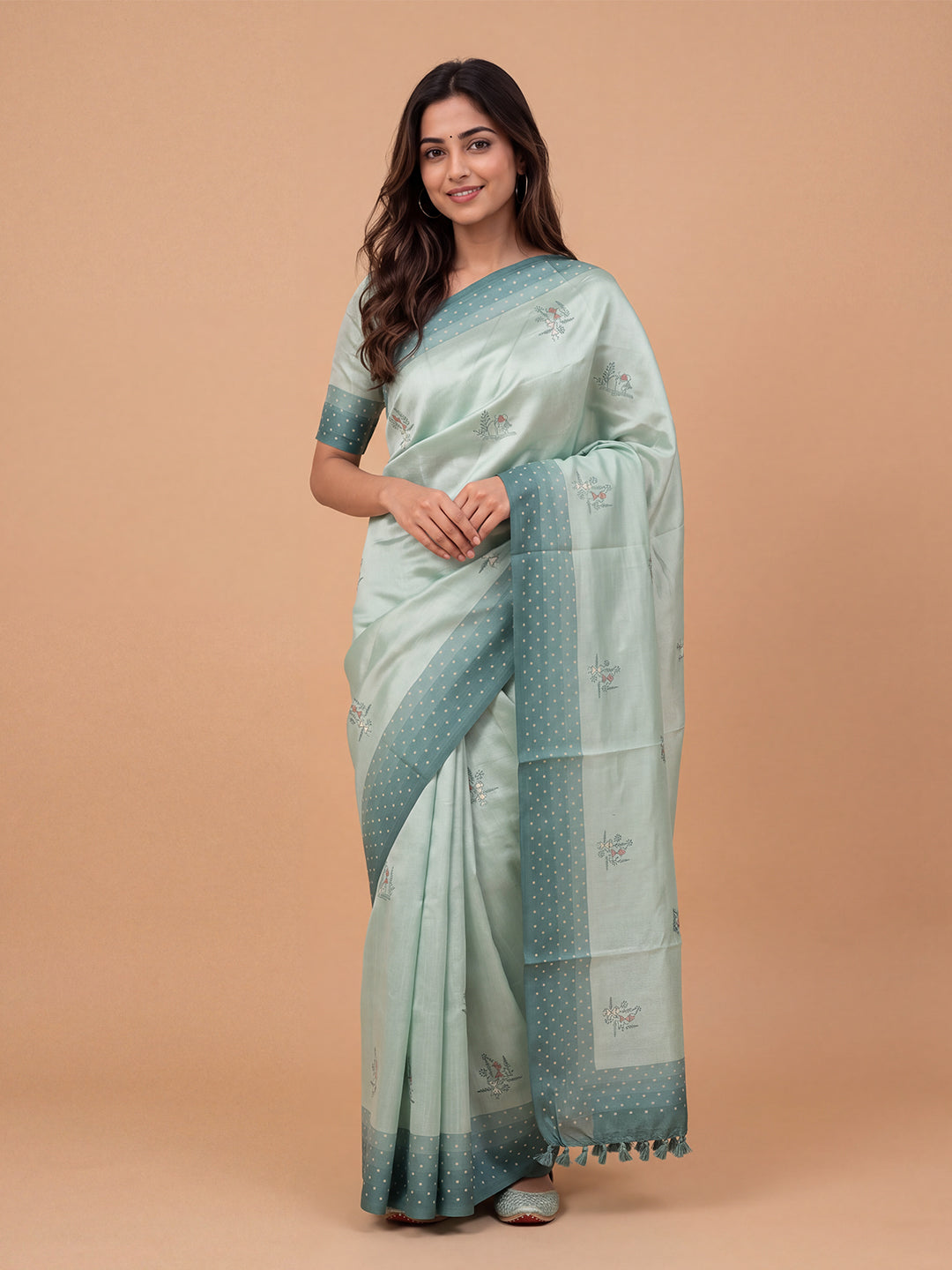 Women Semi Linen Green Embroidered Saree SL270