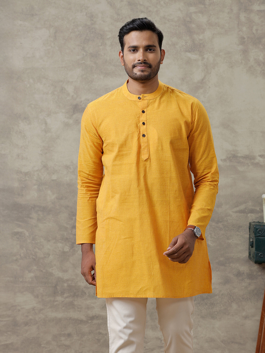 Men Cotton Medium Length Plain Pocket Kurta Chrome Yellow Y22