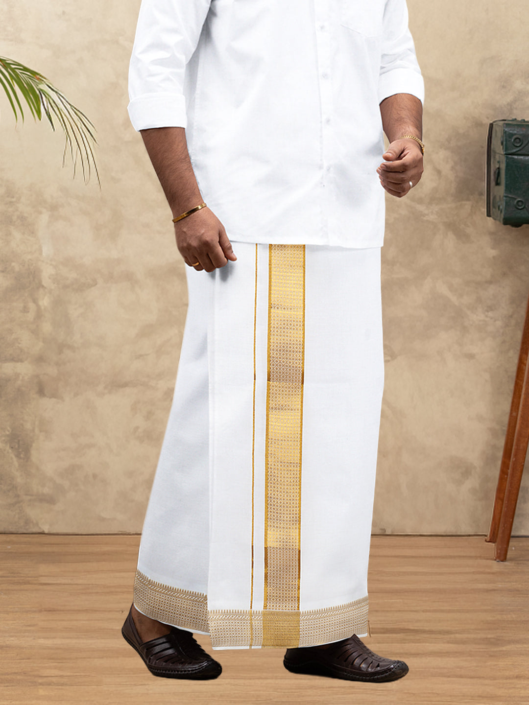 Men 100% Cotton Single Layer White Dhoti with Gold Jari Border Aura 366