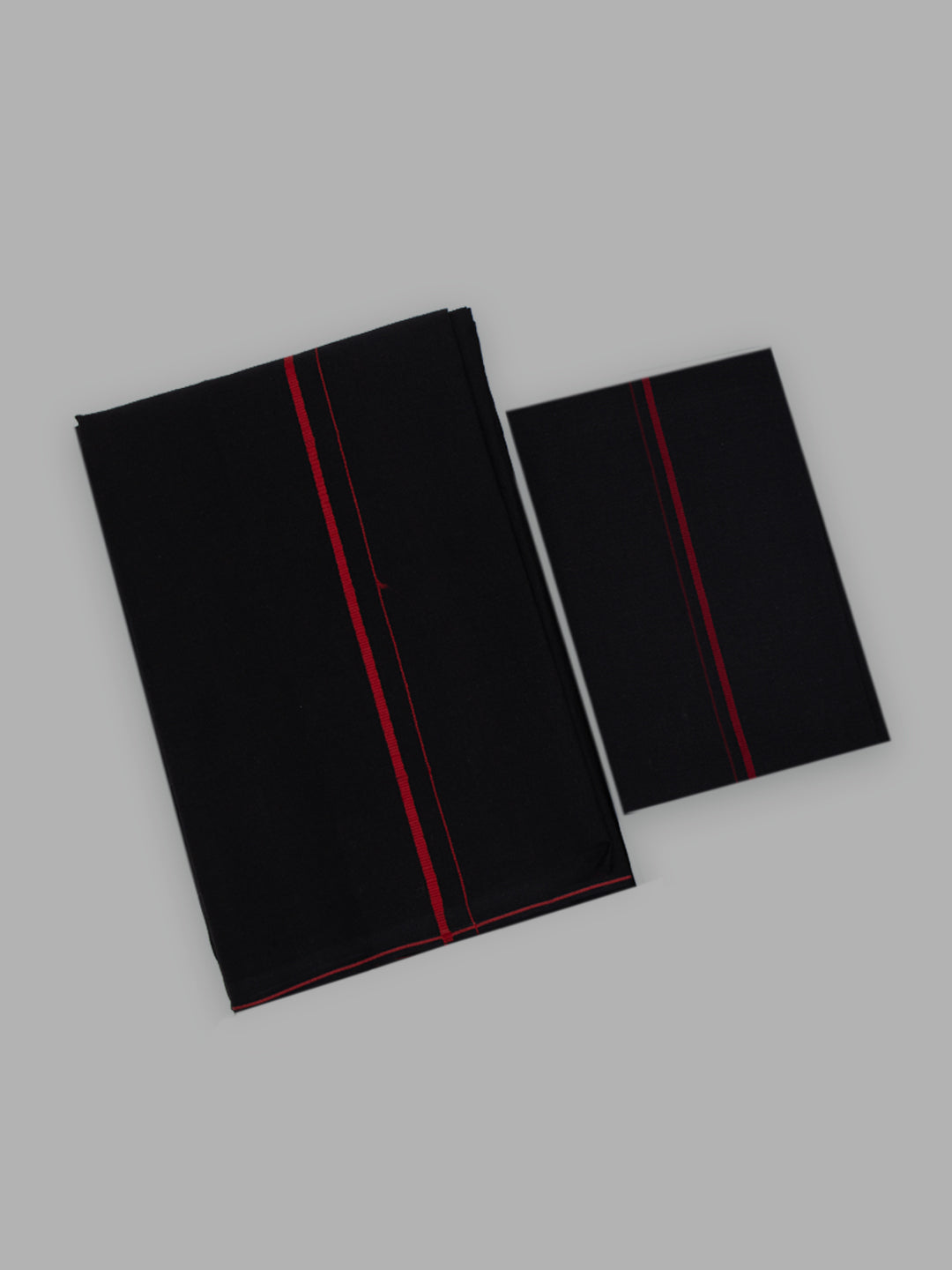 Men Cotton Blend Single Layer Black Dhoti & Towel Set with Red Small Border Sudhan