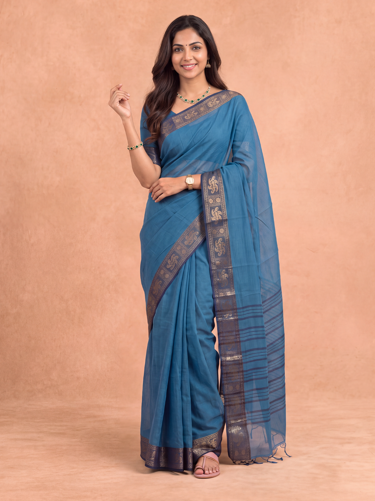 Women Chettinad Cotton Dark Blue Saree CCS24