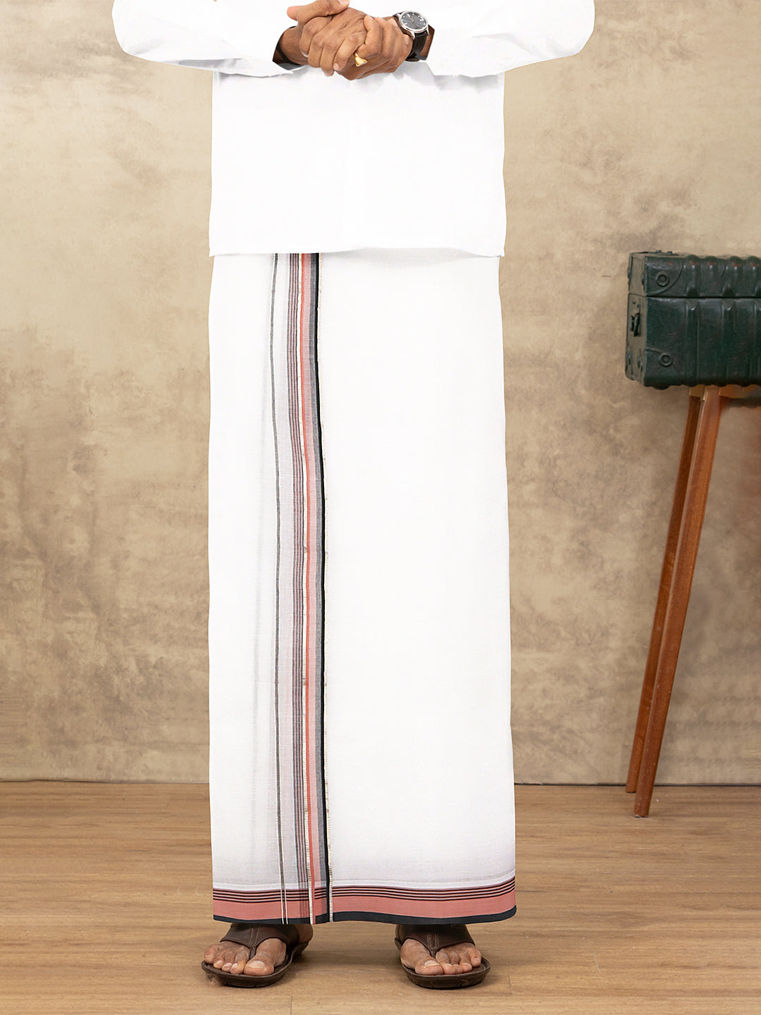 Men 100% Cotton Double Layer White Dhoti with Fancy Jari Border MJF01