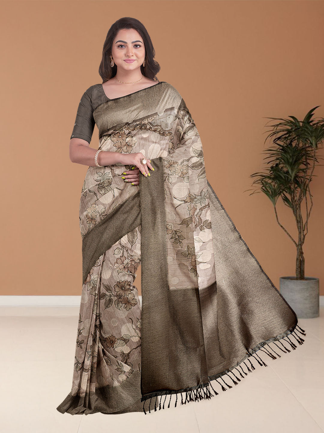 Women Light Brown Semi Tussar Printed Saree ST262