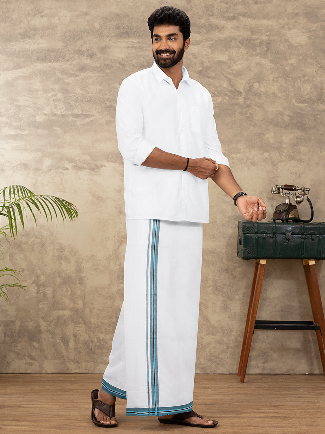 Men 100% Cotton Double Layer White Dhoti with Fancy Jari Border EJF20