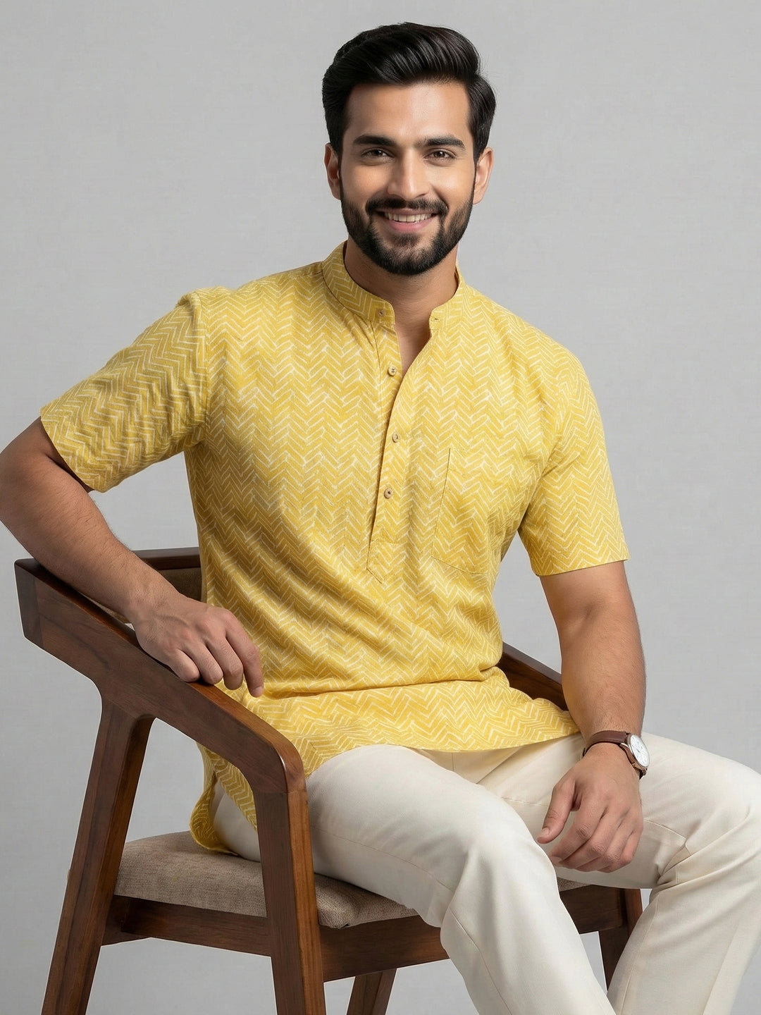 Men Cotton Short Length Pocket Kurta Bright Yellow OG16