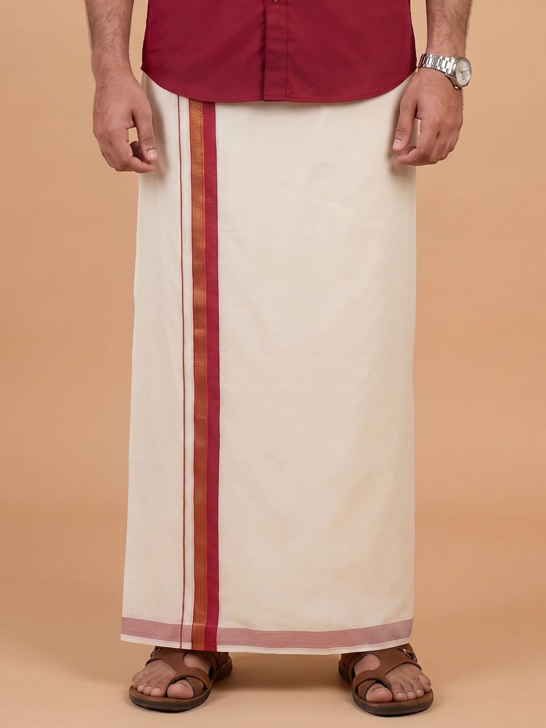 Double Layer 100% Cotton Cream Kora Dhoti with Colour Border - EGJ22