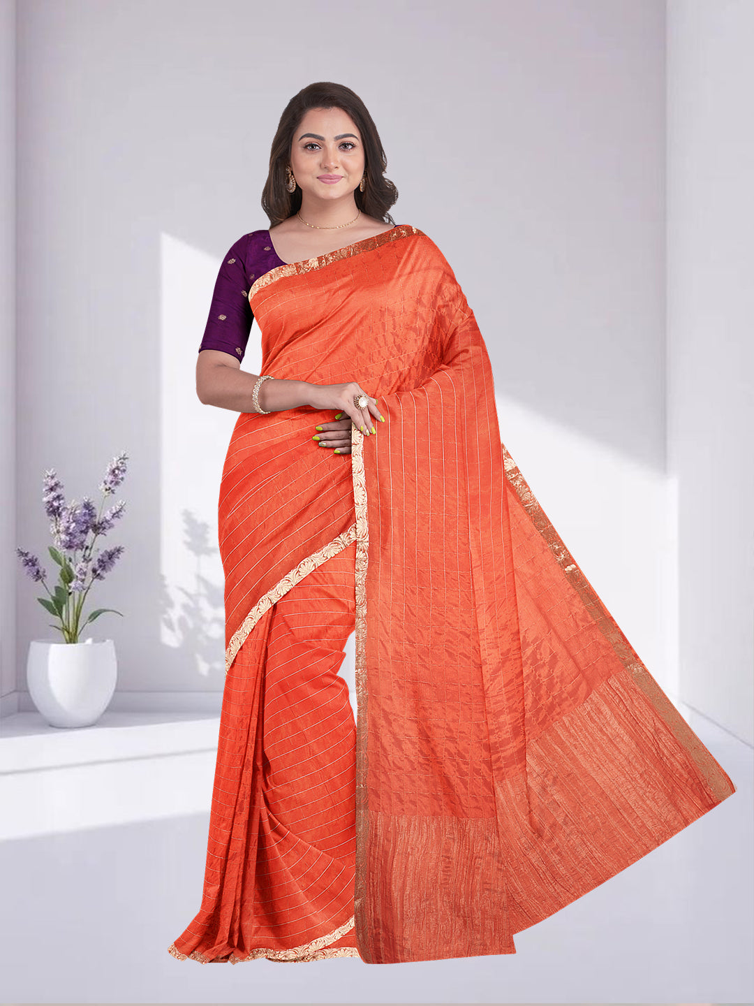Women Orange Semi Silk Saree SS345
