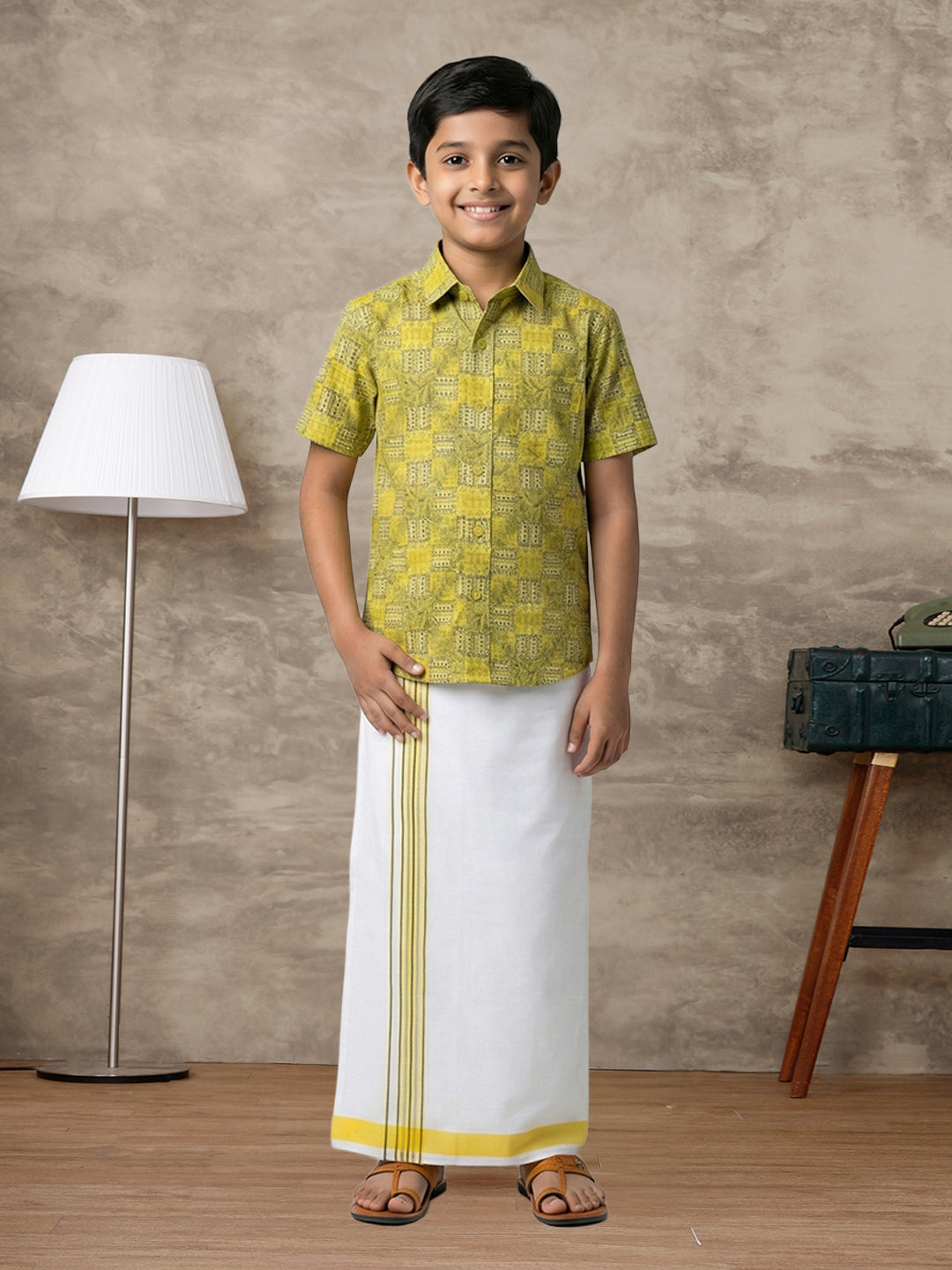 Boys Lemon Yellow Matching Border Dhoti With Printed Shirt Set Fusion PS29