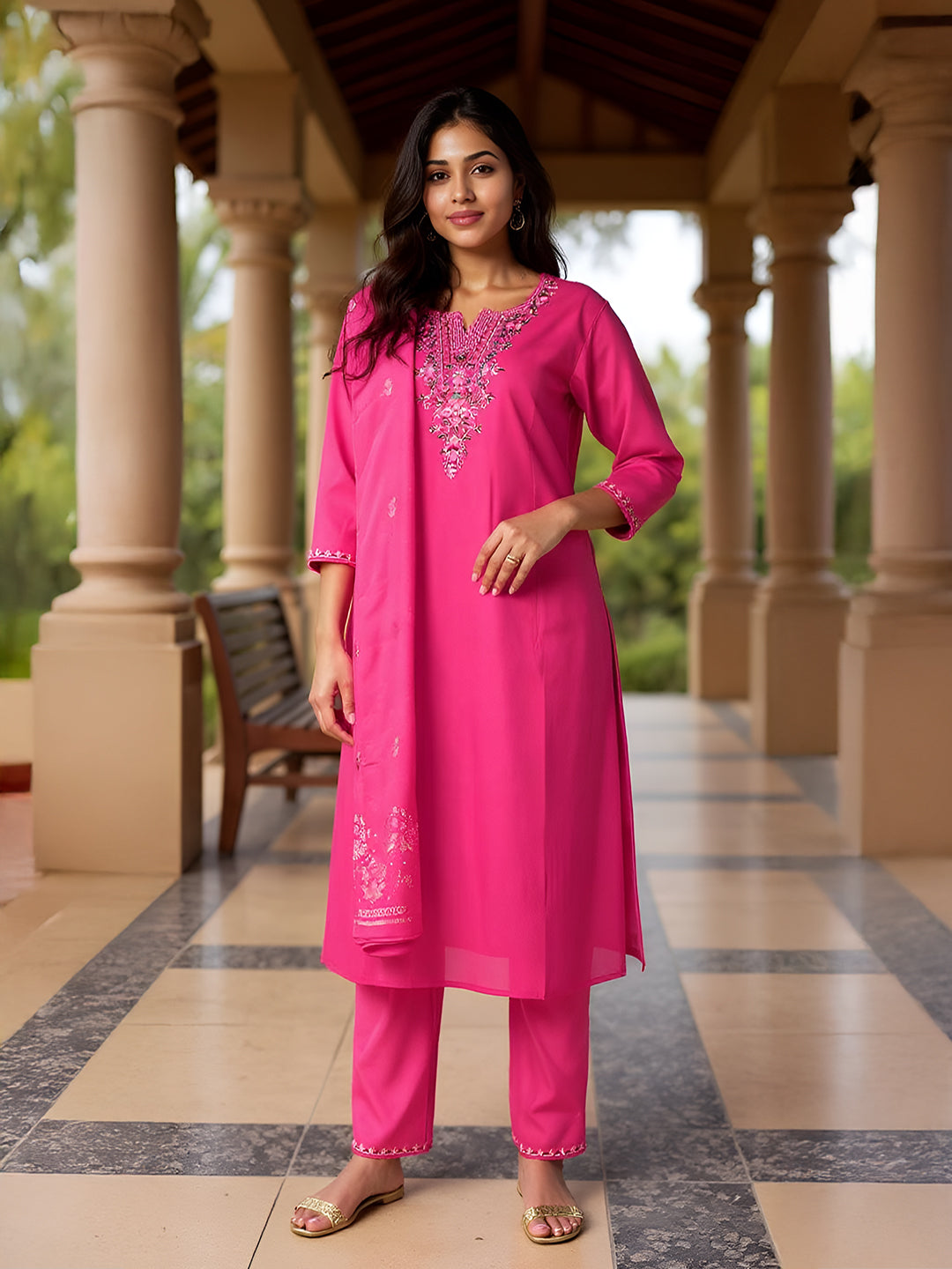 Women Cotton Embroidered Kurti Set Dark Pink EKS41