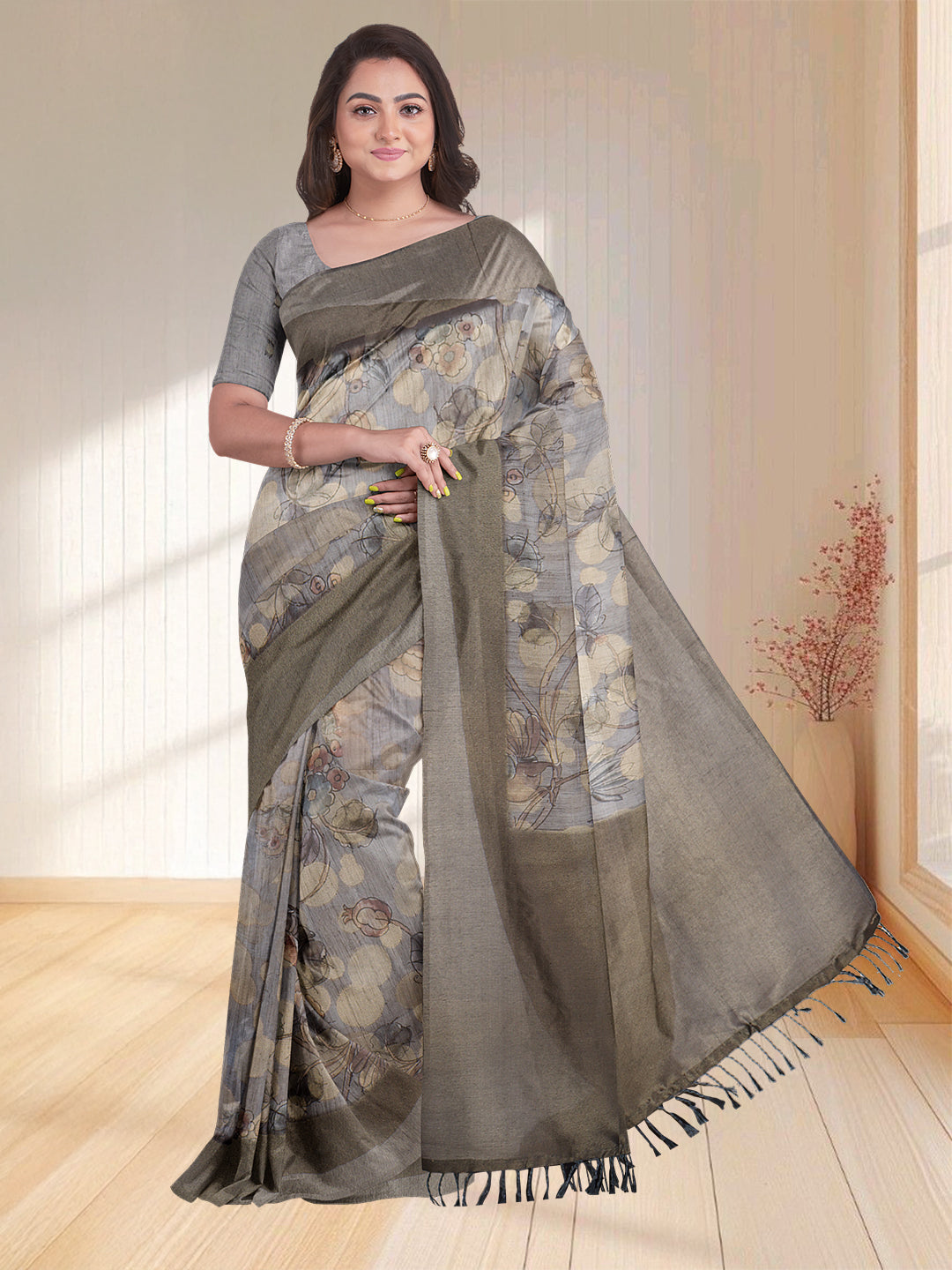 Women Pastel Blue Semi Tussar Printed Saree ST261