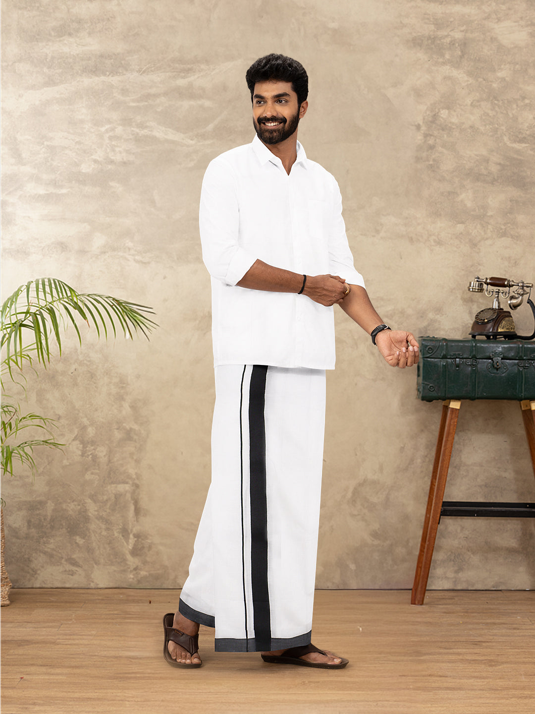 Men Cotton Blend Double Layer White Dhoti with Black Fancy Border Rivan Spl