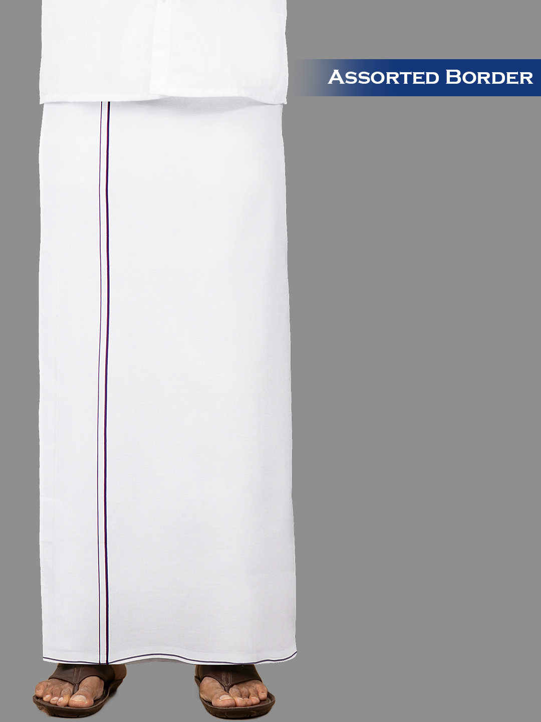 Men Cotton Blend Single Layer White Dhoti with Assorted Border