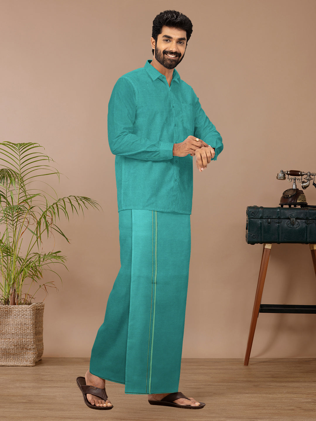 Men Cotton Blend Single Layer Dhoti & Towel Set Green  with Assorted Border Poojan