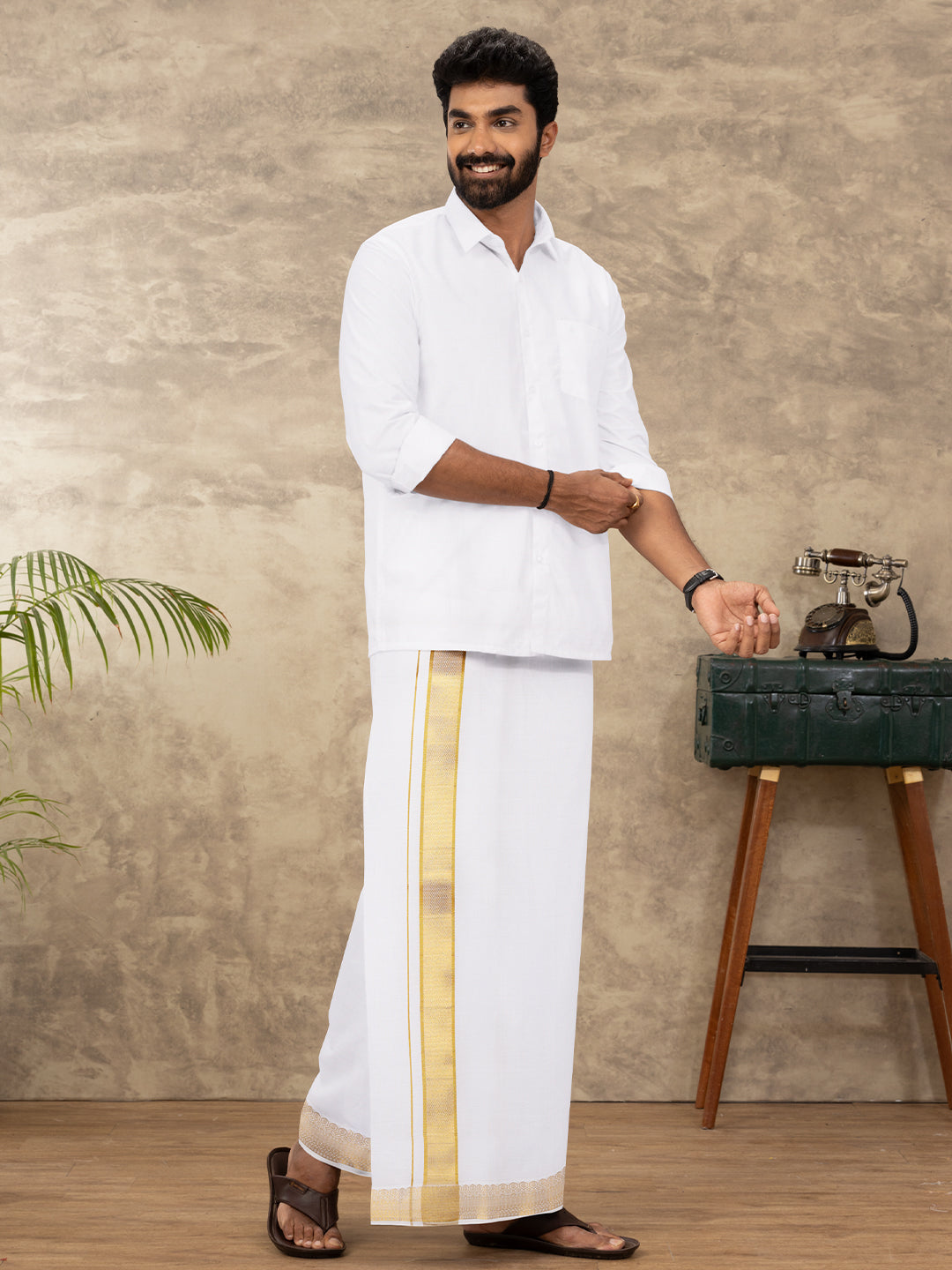 Men Cotton Blend Readymade Single Layer White Dhoti with Gold Jari Border GAA06