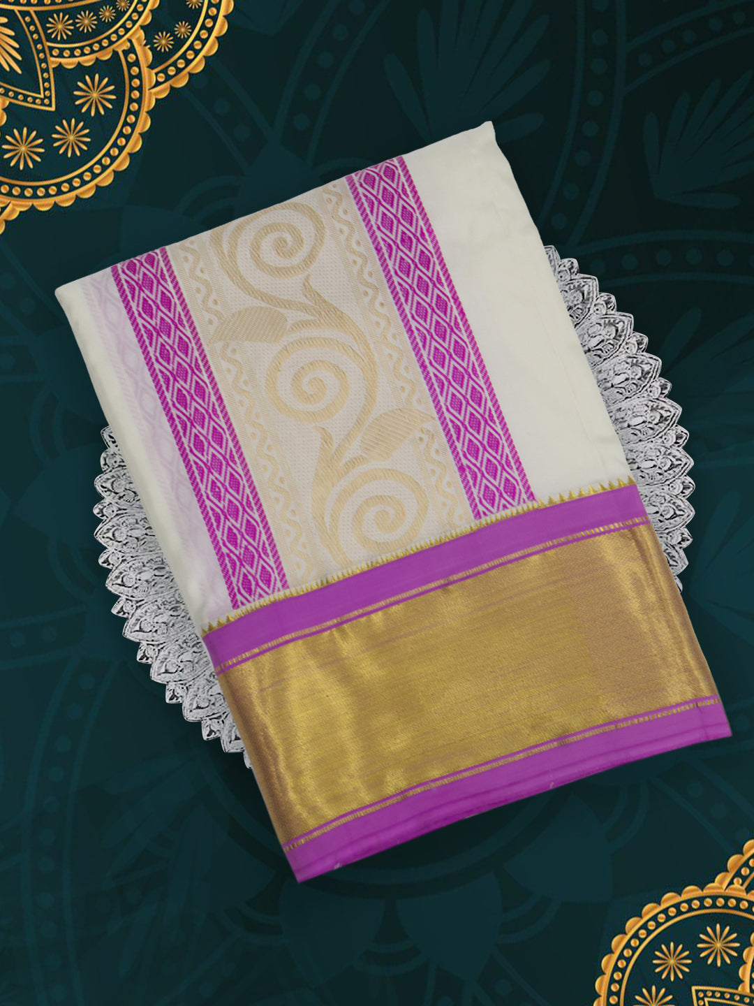 Men Pure Silk Cream Dhoti & Towel Set with 3" inch Fancy Jari Border TK25