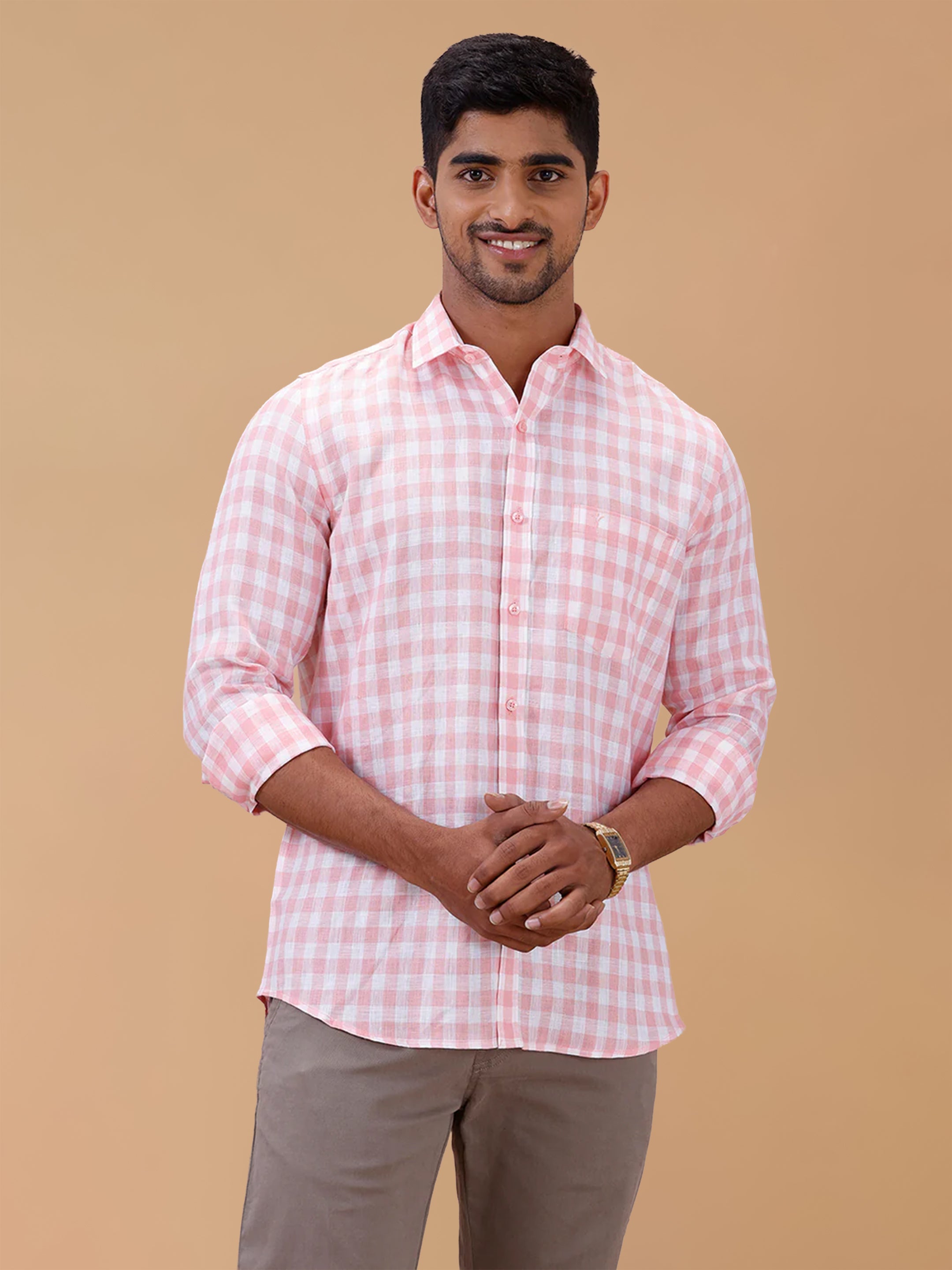 Pure Linen Rose Bud Checked Smart Fit Shirt LS2