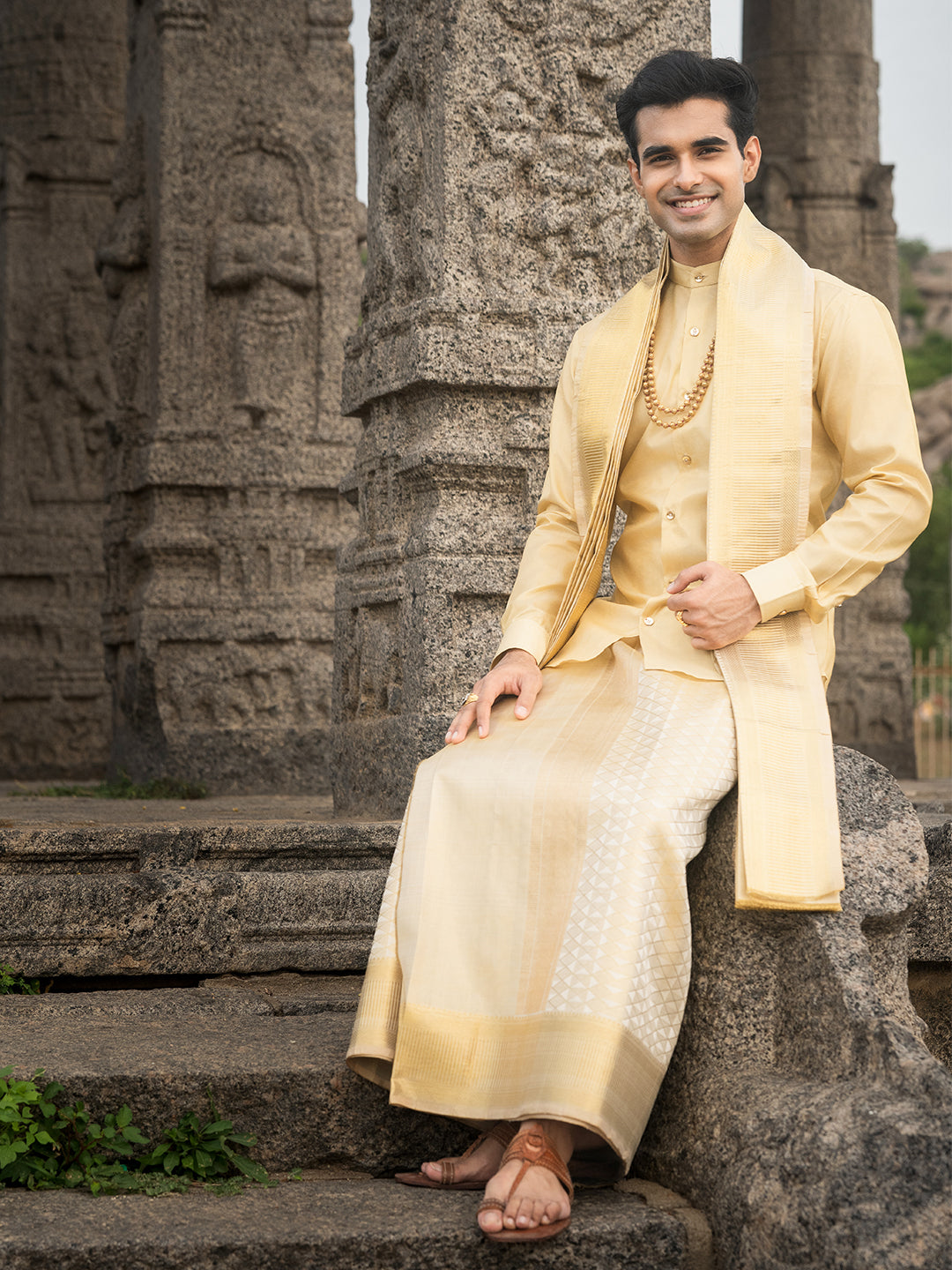 Pure Silk 5" Gold Tissue Jari Weaving Wedding Dhoti & Towel Set – Amirtham