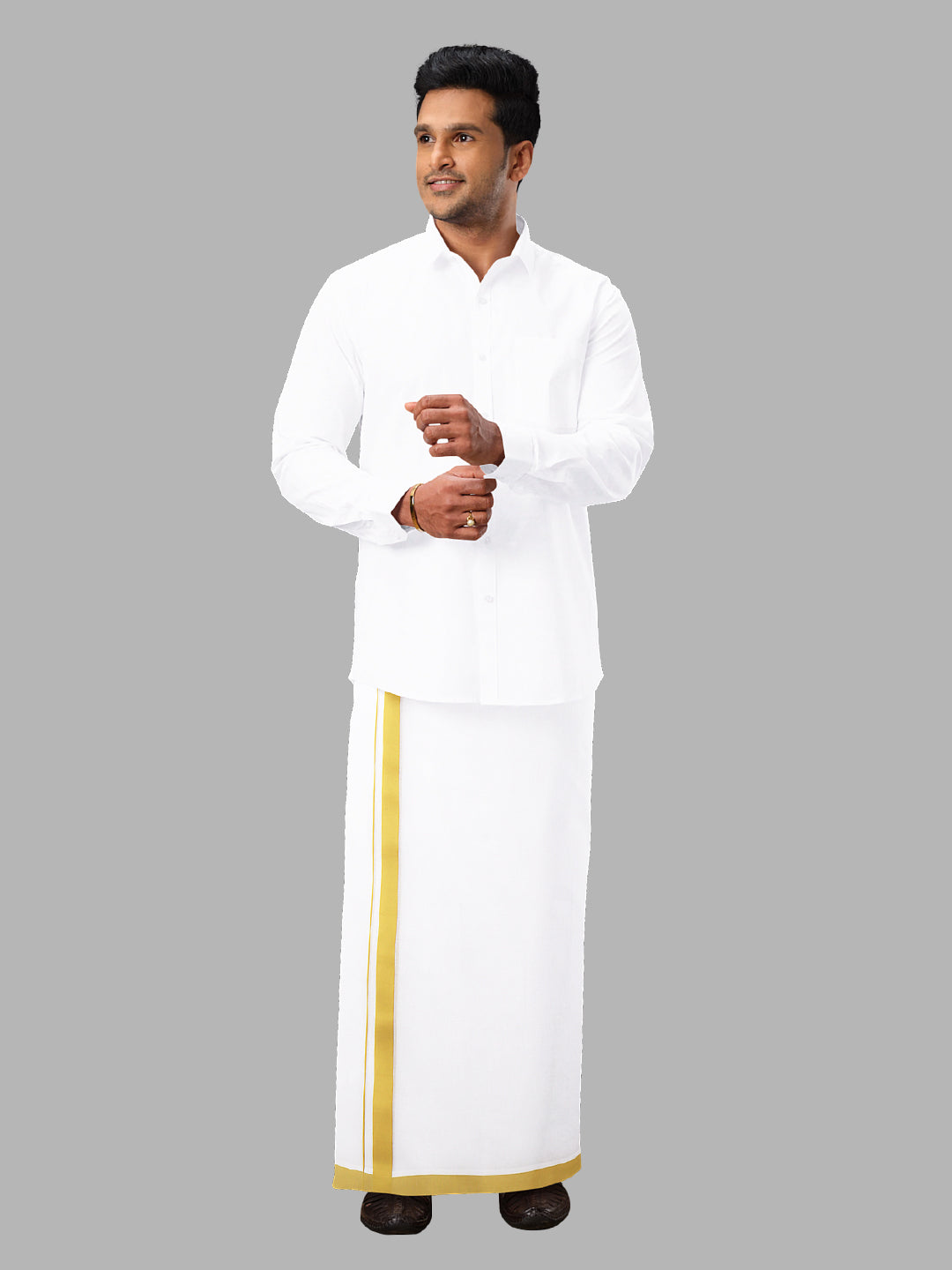 Men 100% Cotton Double Layer White Dhoti with Big Border RFS02