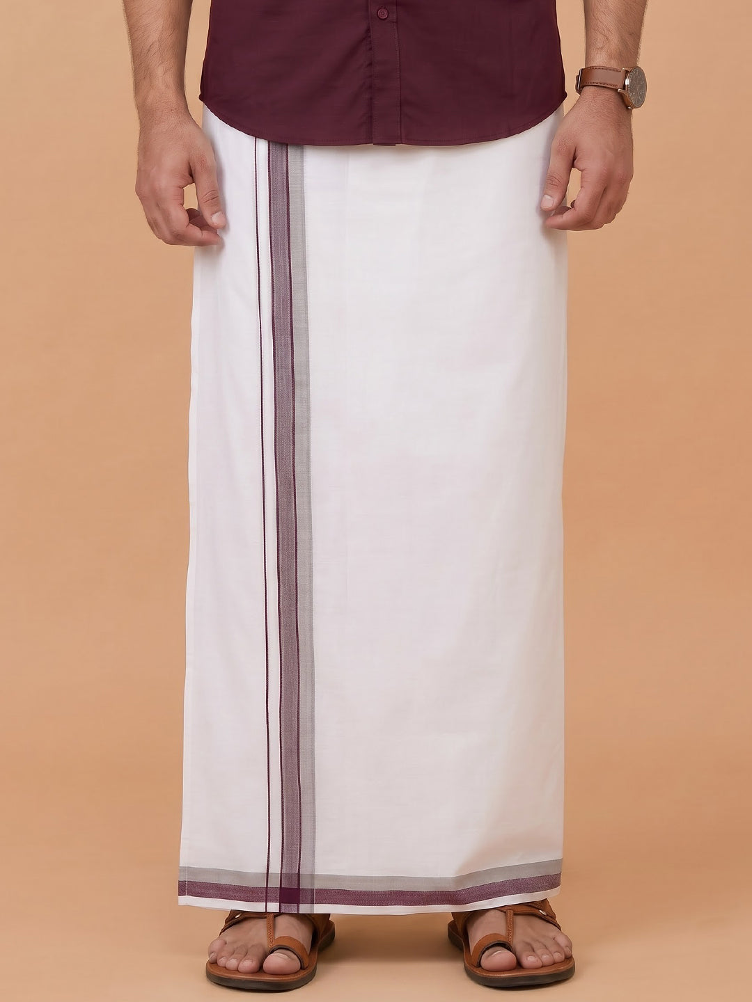 Double Layer 100% Cotton White Dhoti with Fancy Border - UF02