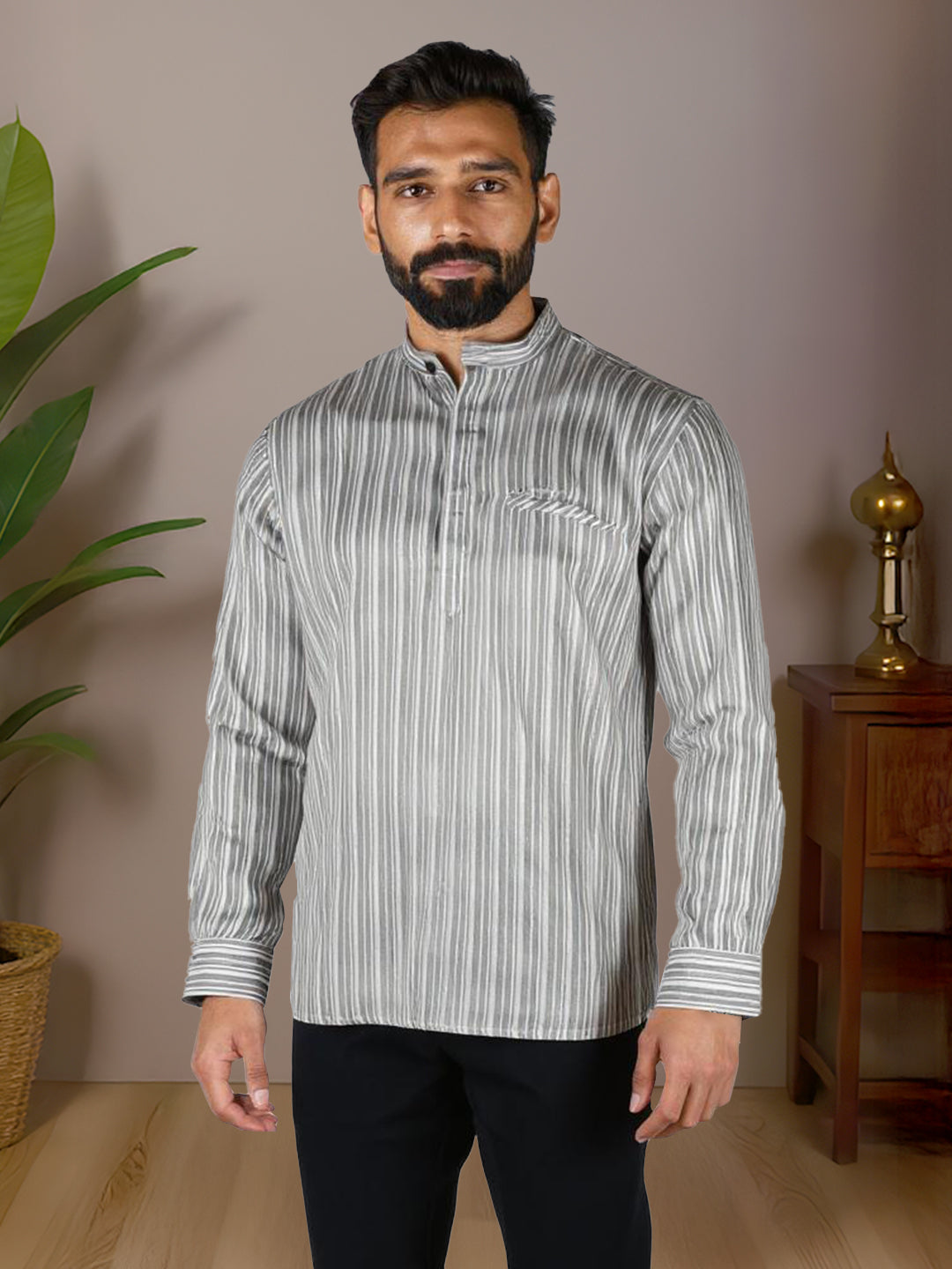 Men Cotton Short Length Striped Pocket Kurta White Grey RJ28