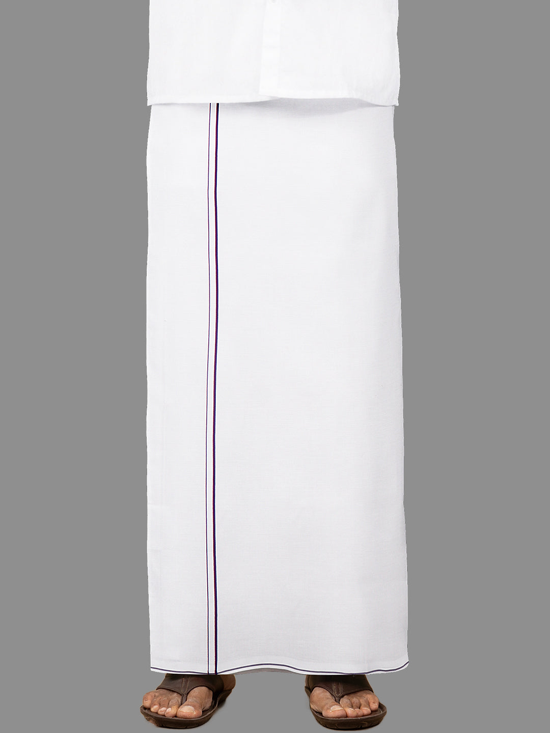 Men Cotton Blend Single Layer White Dhoti with Assorted Border