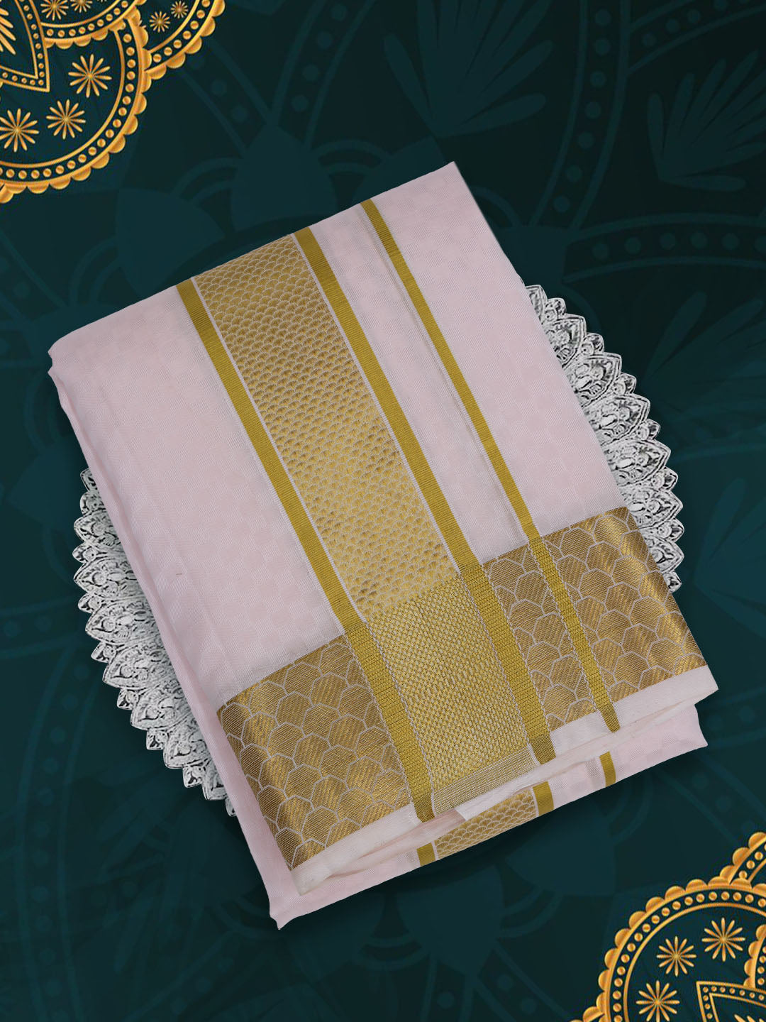 Men Pure Silk Embossed Light Pink Dhoti & Towel Set with 3" inch Gold Fancy Jari Border
