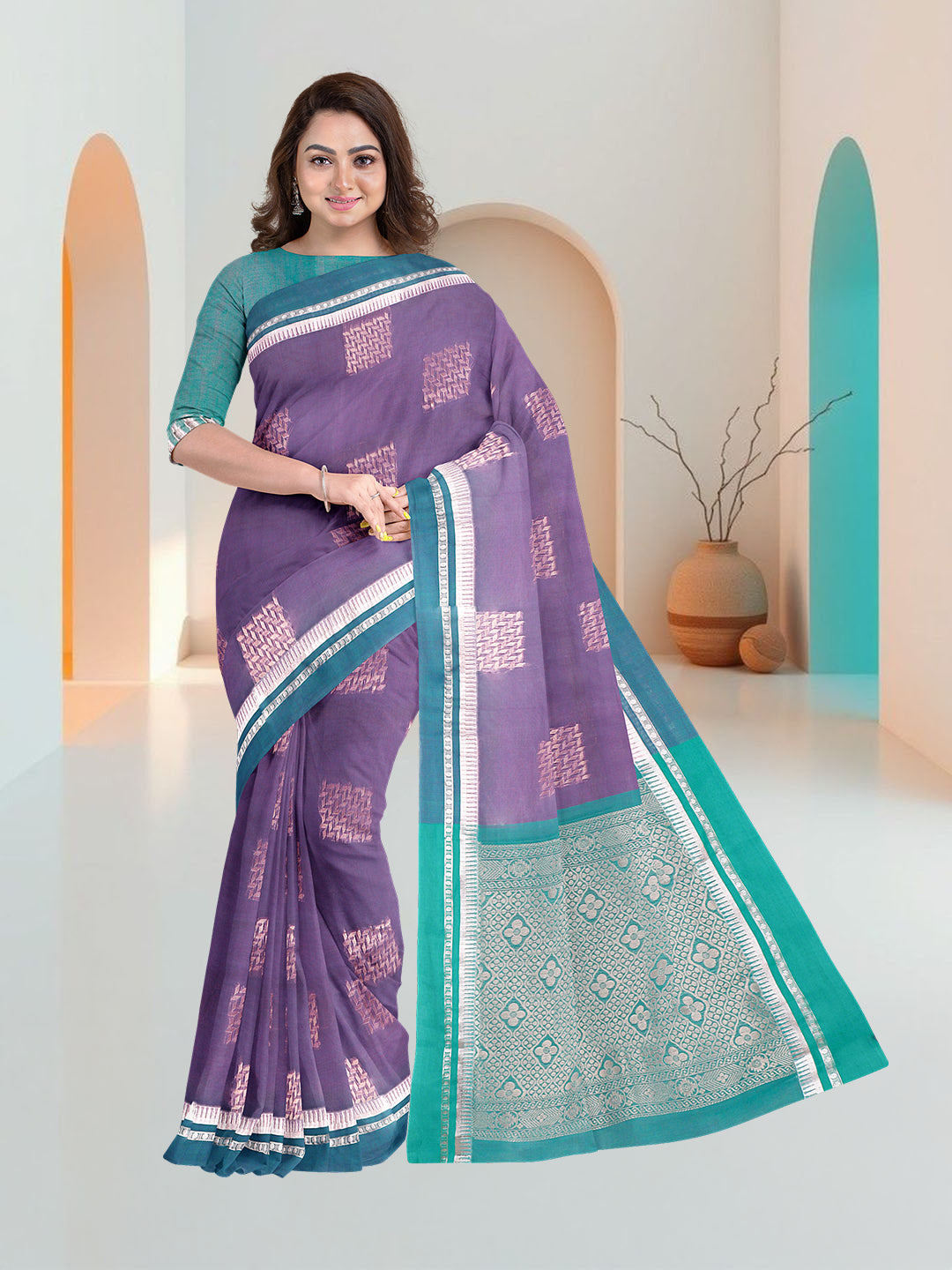 Women Dark Purple Kora Cotton Saree SK136