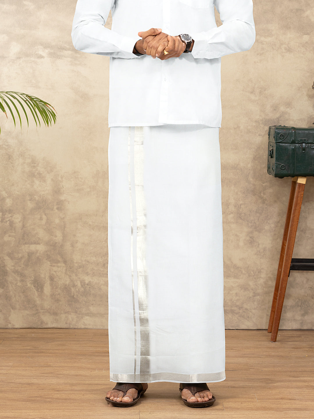 Men Pure Cotton Silver Jari Border Double Dhoti Silver Coin