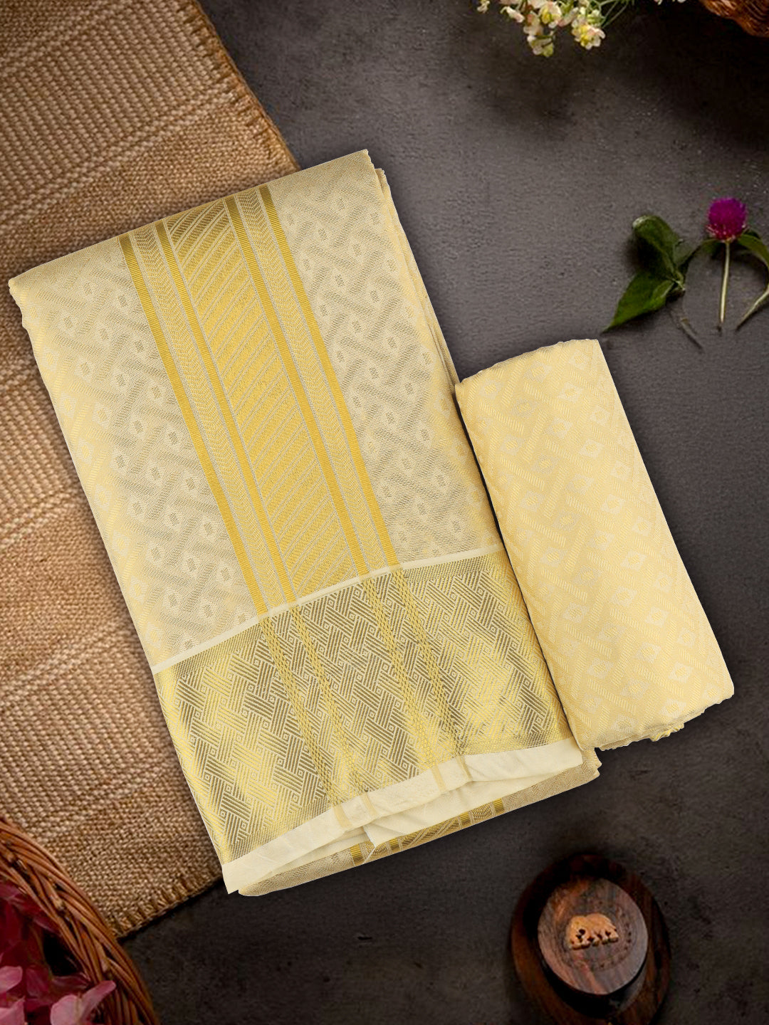 Men Art Silk Wedding Set Dhoti Shirting & Towel Set Gold Brahmotsavam B16(3*1)
