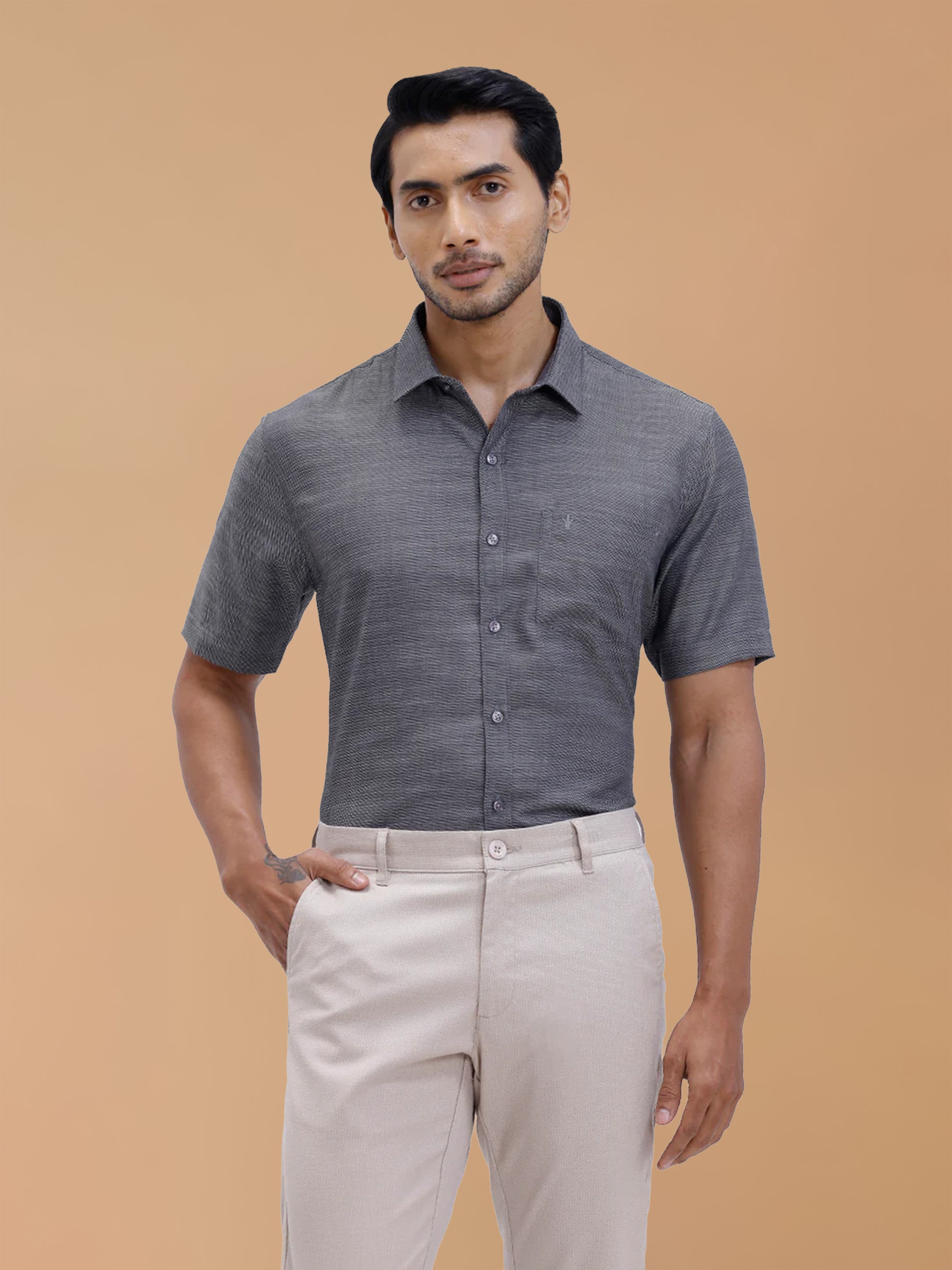 Cotton Rich Grey Black Dobby Regular Fit Shirt T59 AIT5