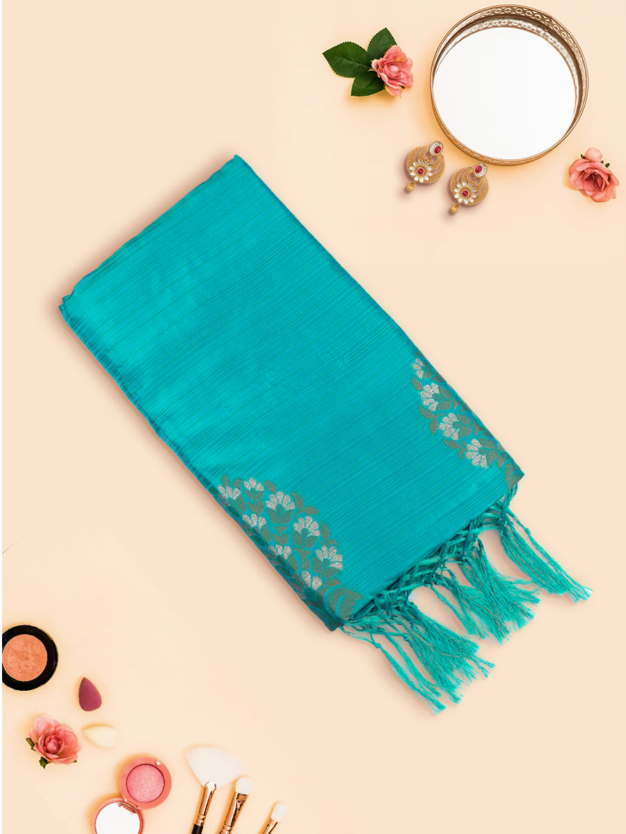 Women Stylish Flower Design Semi Silk Blue Saree with Tussle SS87-View one