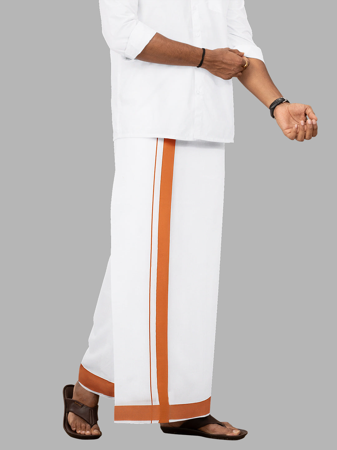 Men Cotton Blend Readymade Single Layer White Dhoti with Big Border GACS6