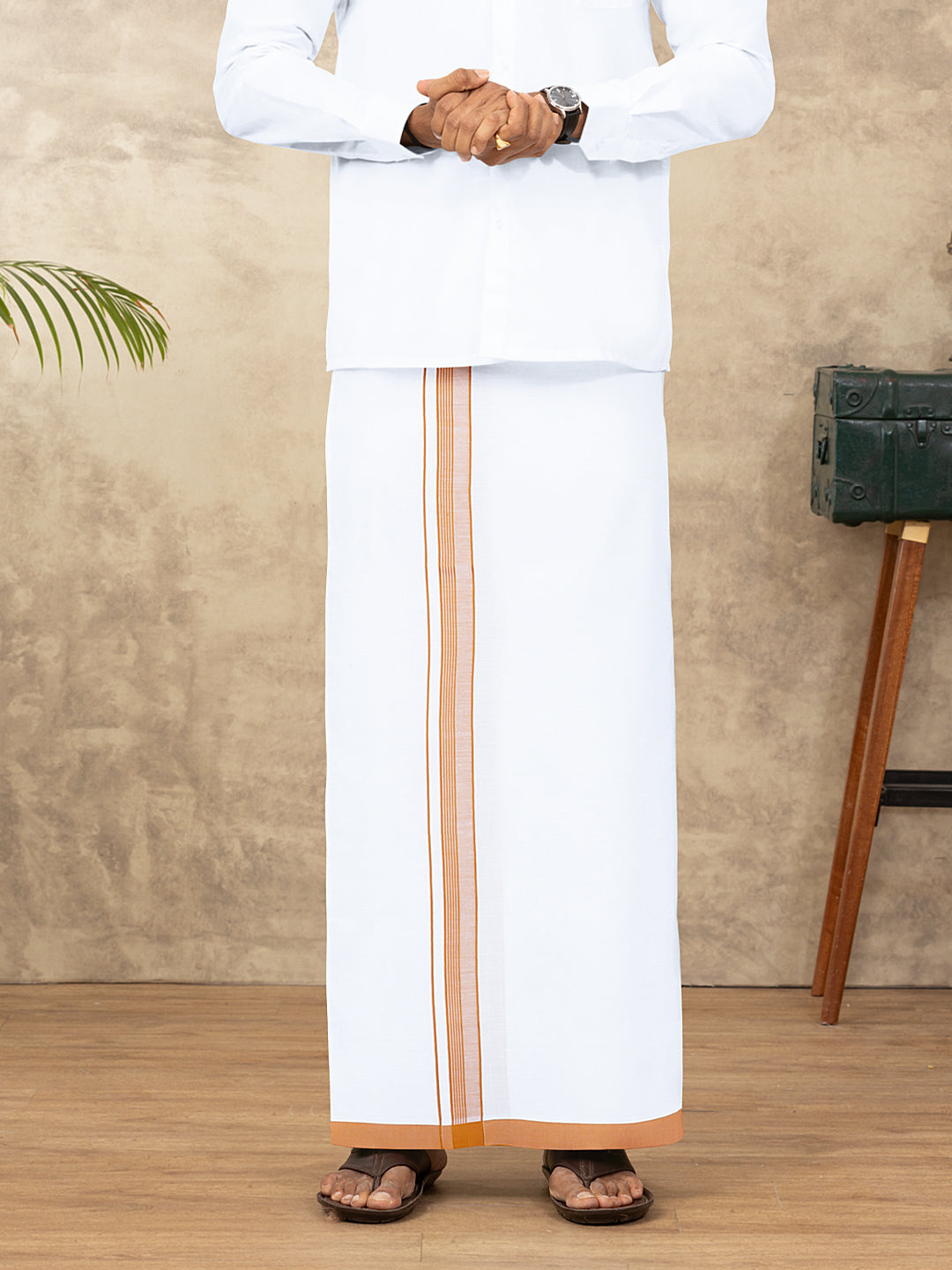 Men Cotton Blend Single Layer White Dhoti with Fancy Border HLF03