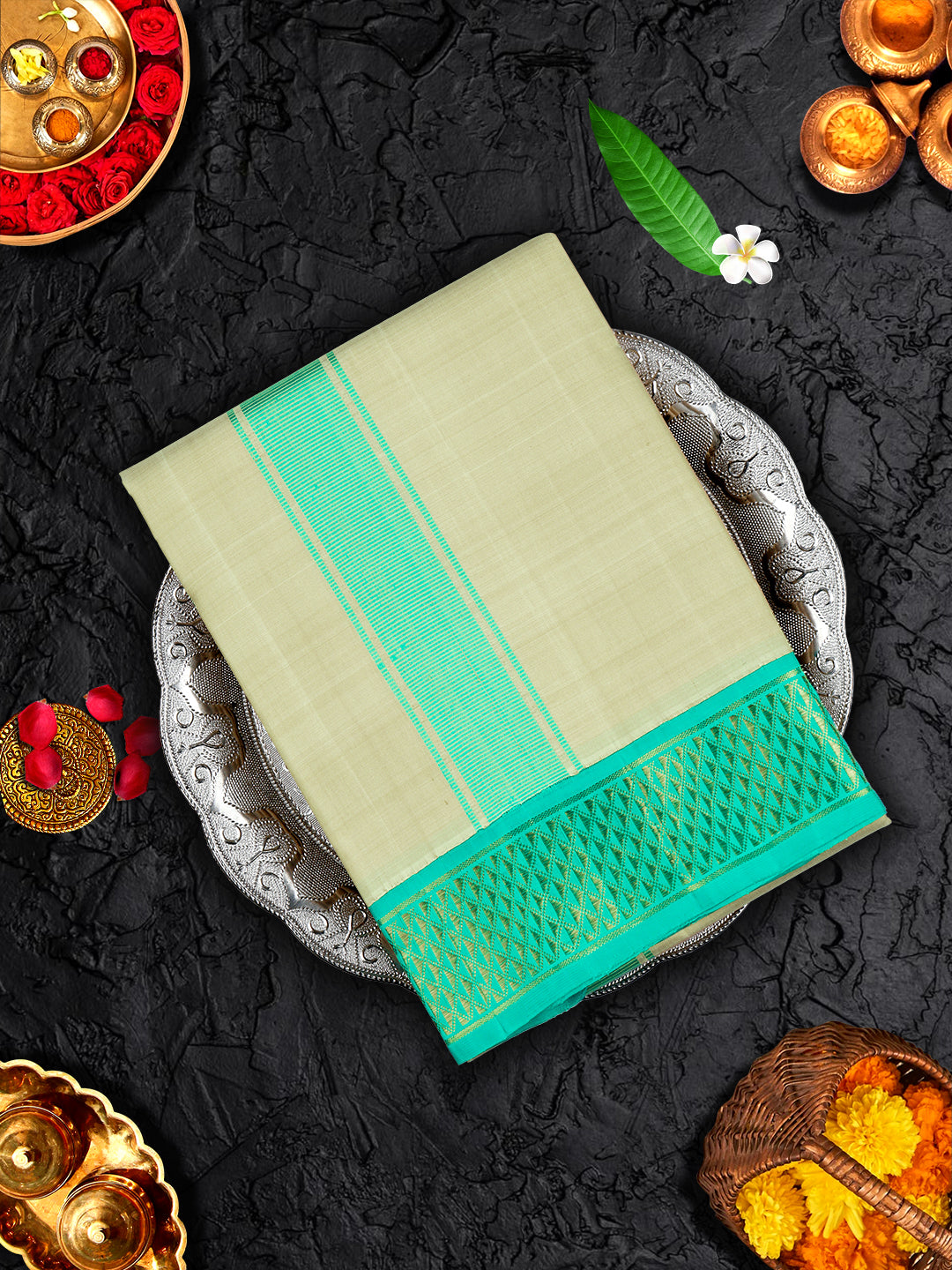 Premium Pure Silk Cream Dhoti With Angavastram 3" Blue Korvai Jari Border Agarshanaa-View one