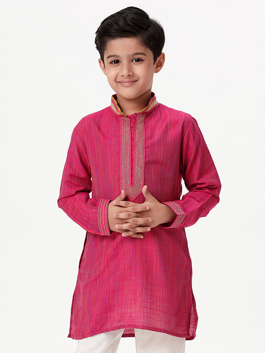 Boys Cotton Embellished Neckline Full Sleeves Dark Pink Kurta