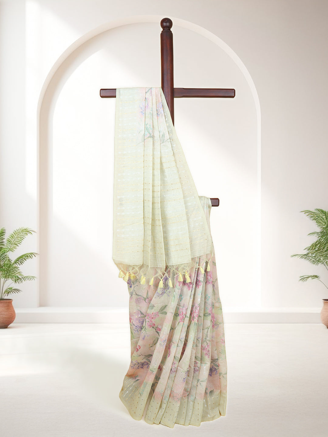 Women Light Yellow Tissue Saree TS43