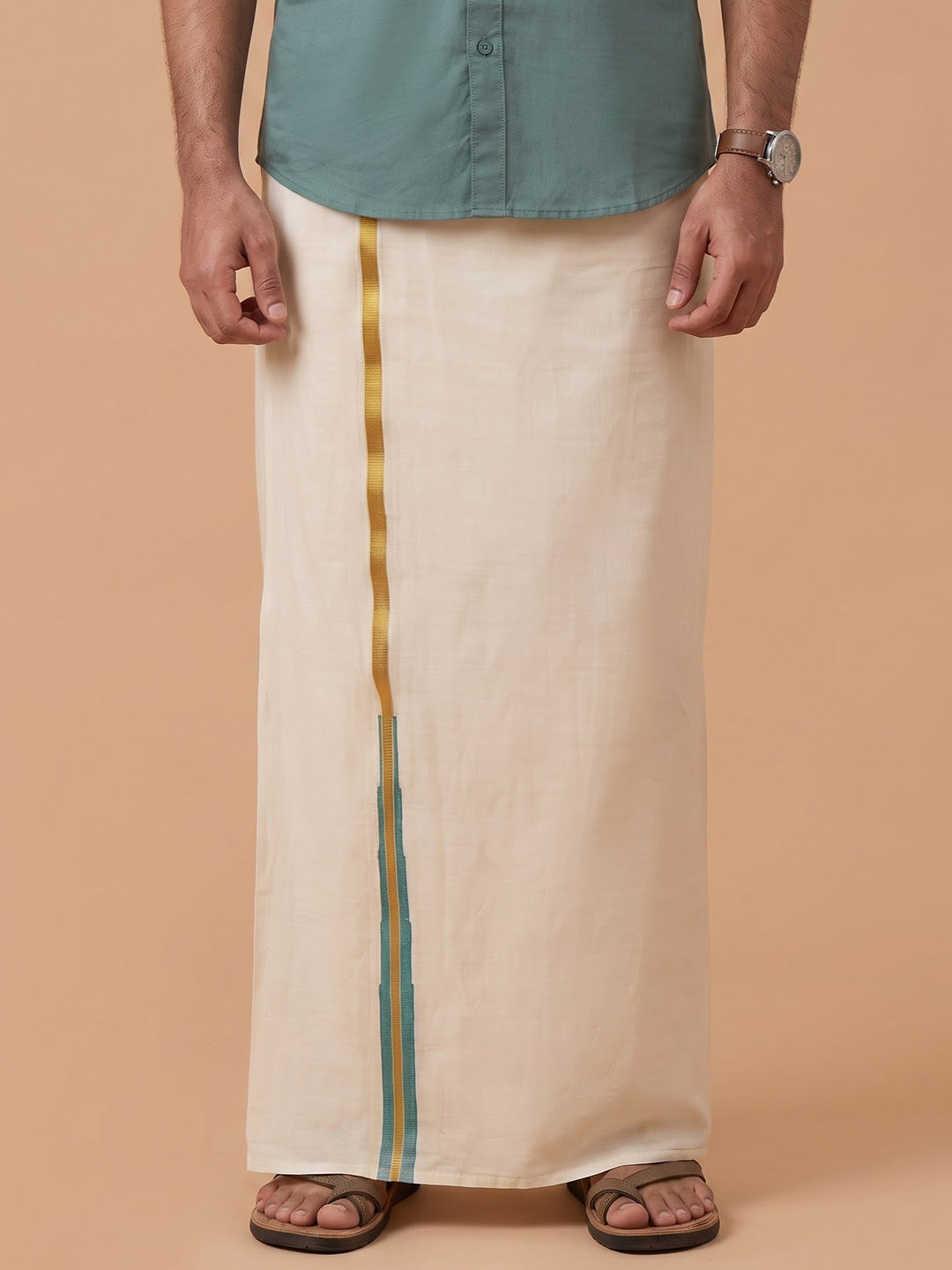 Double Layer 100% Cotton Cream Kora Dhoti with Colour Jari Border - LC51