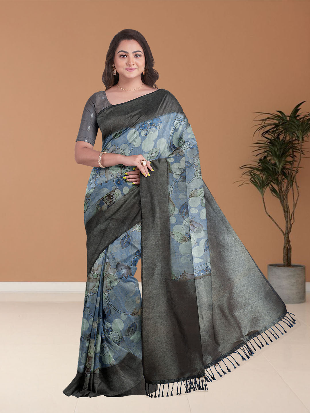 Women Blue Semi Tussar Printed Saree ST263