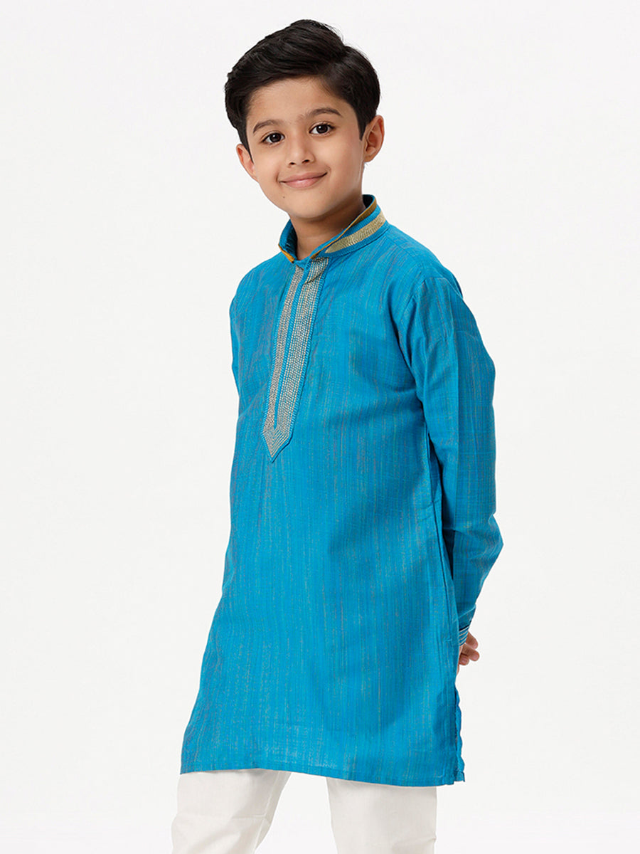 Boys Cotton Embellished Neckline Full Sleeves Sky Blue Kurta-Side view