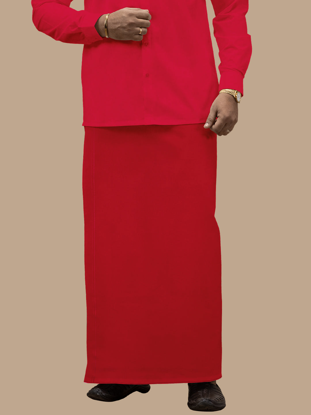 Men Cotton Blend Readymade Single Layer Red Dhoti with Assorted Border